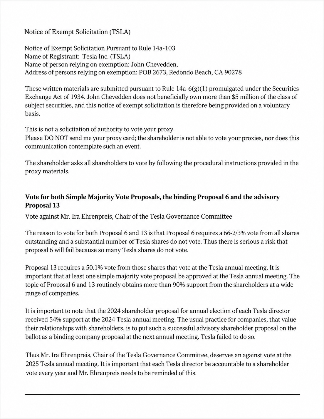 Tesla Notice of Exempt Solicitation - Free AI Notice Generator, 50+ Real Notice Examples