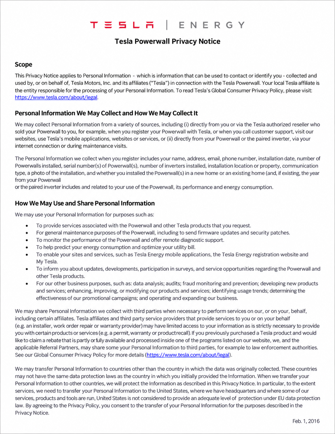 Tesla Powerwall Privacy Notice - Free AI Notice Generator, 50+ Real Notice Examples