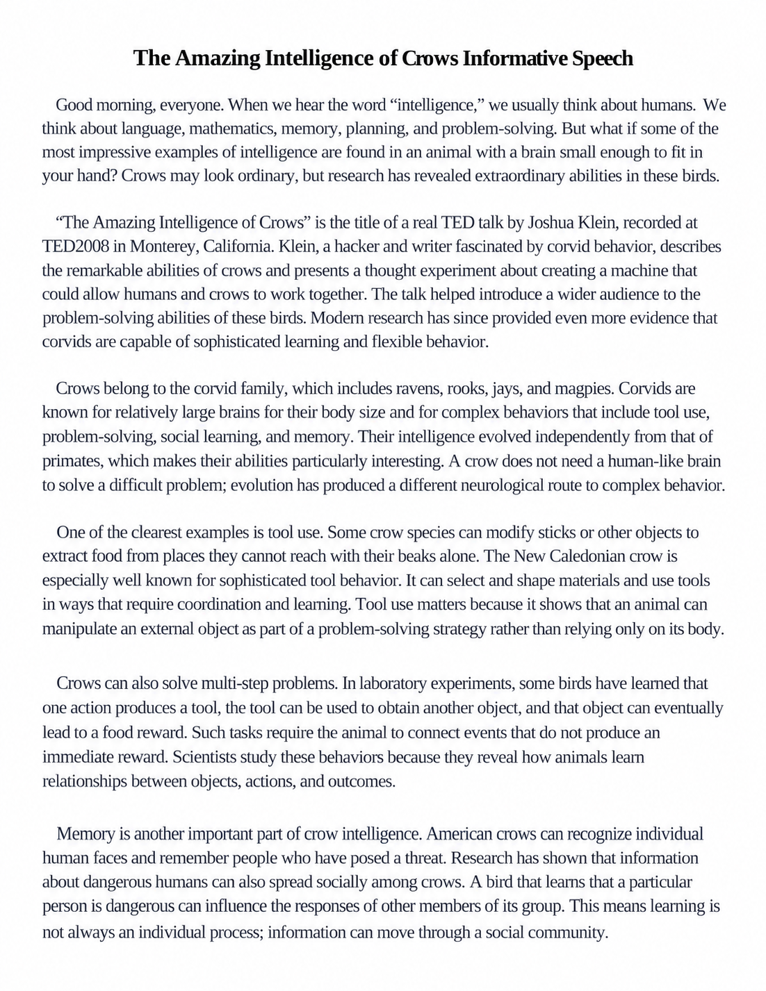 The Amazing Intelligence of Crows Informative Speech - Free AI Informative Speech Generator, 50+ Real Informative Speech Examples