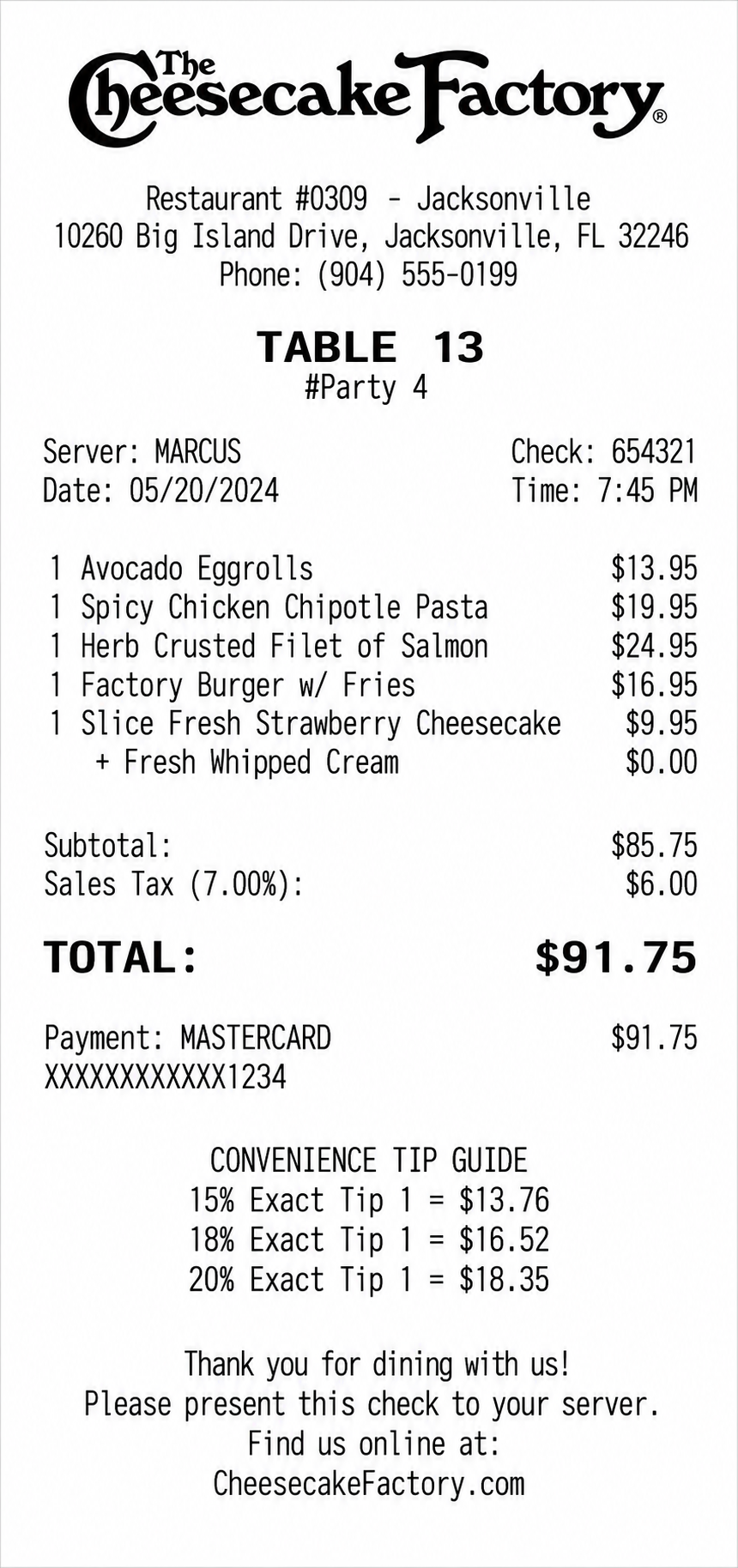 The Cheesecake Factory Restaurant Dining Receipt - Free AI Receipt Generator, 50+ Real Receipt Examples