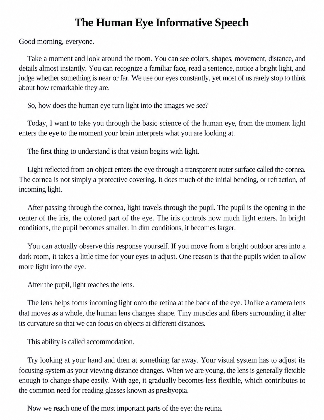 The Human Eye Informative Speech - Free AI Informative Speech Generator, 50+ Real Informative Speech Examples