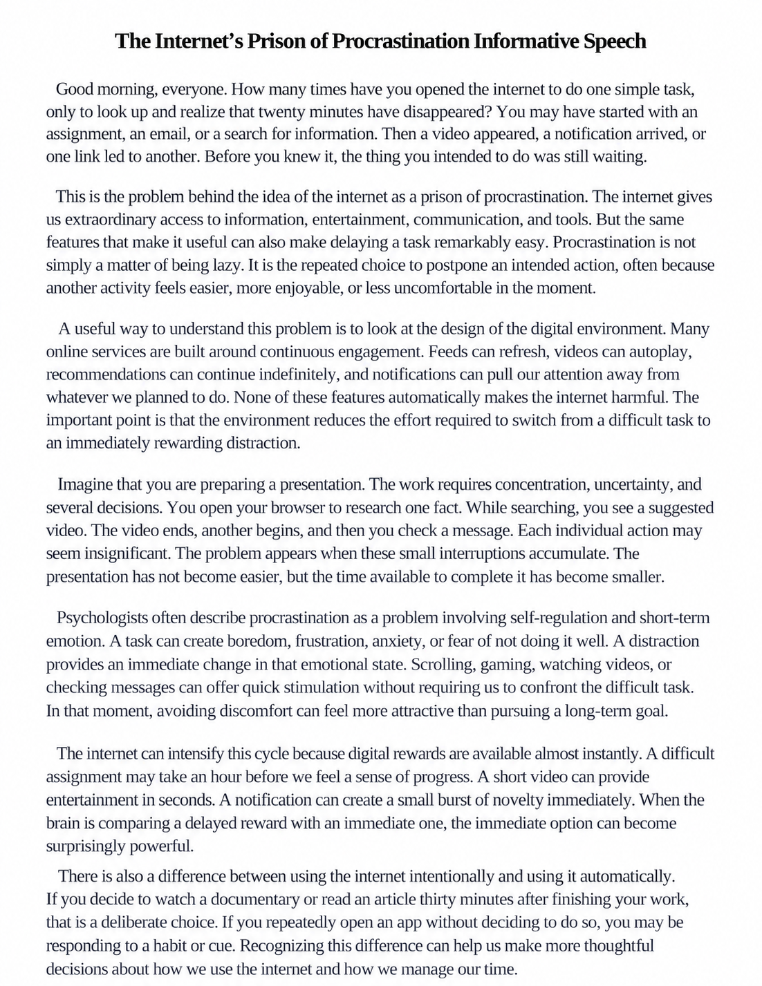 The Internet’s Prison of Procrastination Informative Speech - Free AI Informative Speech Generator, 50+ Real Informative Speech Examples