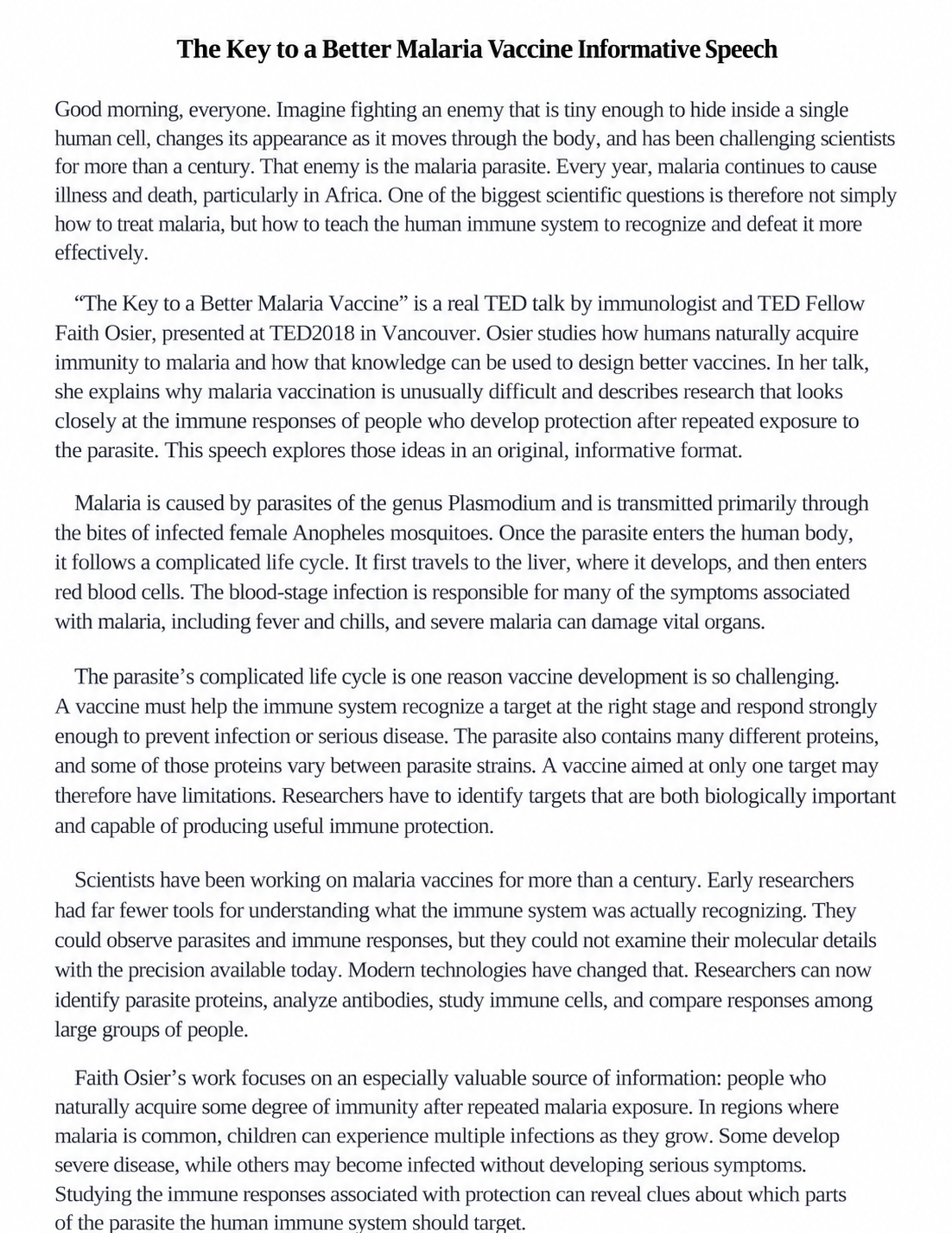 The Key to a Better Malaria Vaccine Informative Speech - Free AI Informative Speech Generator, 50+ Real Informative Speech Examples
