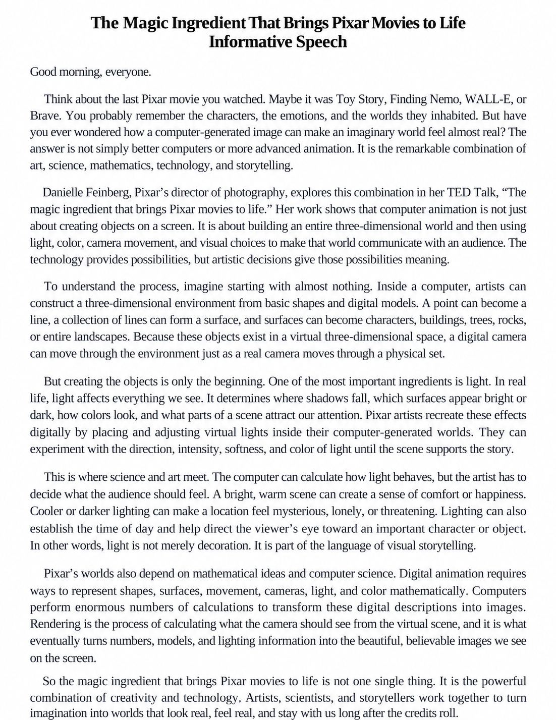 The Magic Ingredient That Brings Pixar Movies to Life Informative Speech - Free AI Informative Speech Generator, 50+ Real Informative Speech Examples