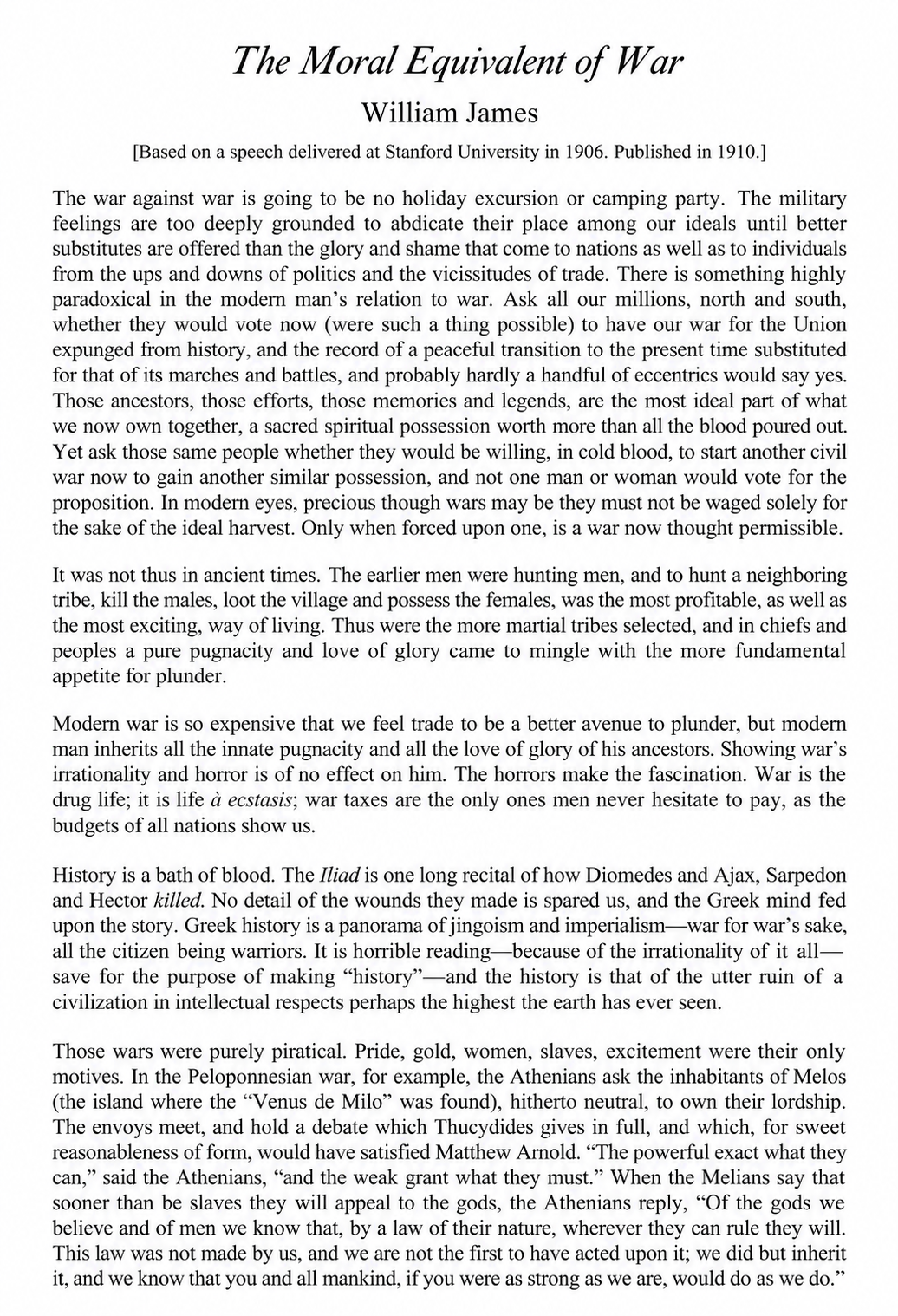 The Moral Equivalent of War Essay - Free AI Essay Generator, 50+ Real Essay Examples