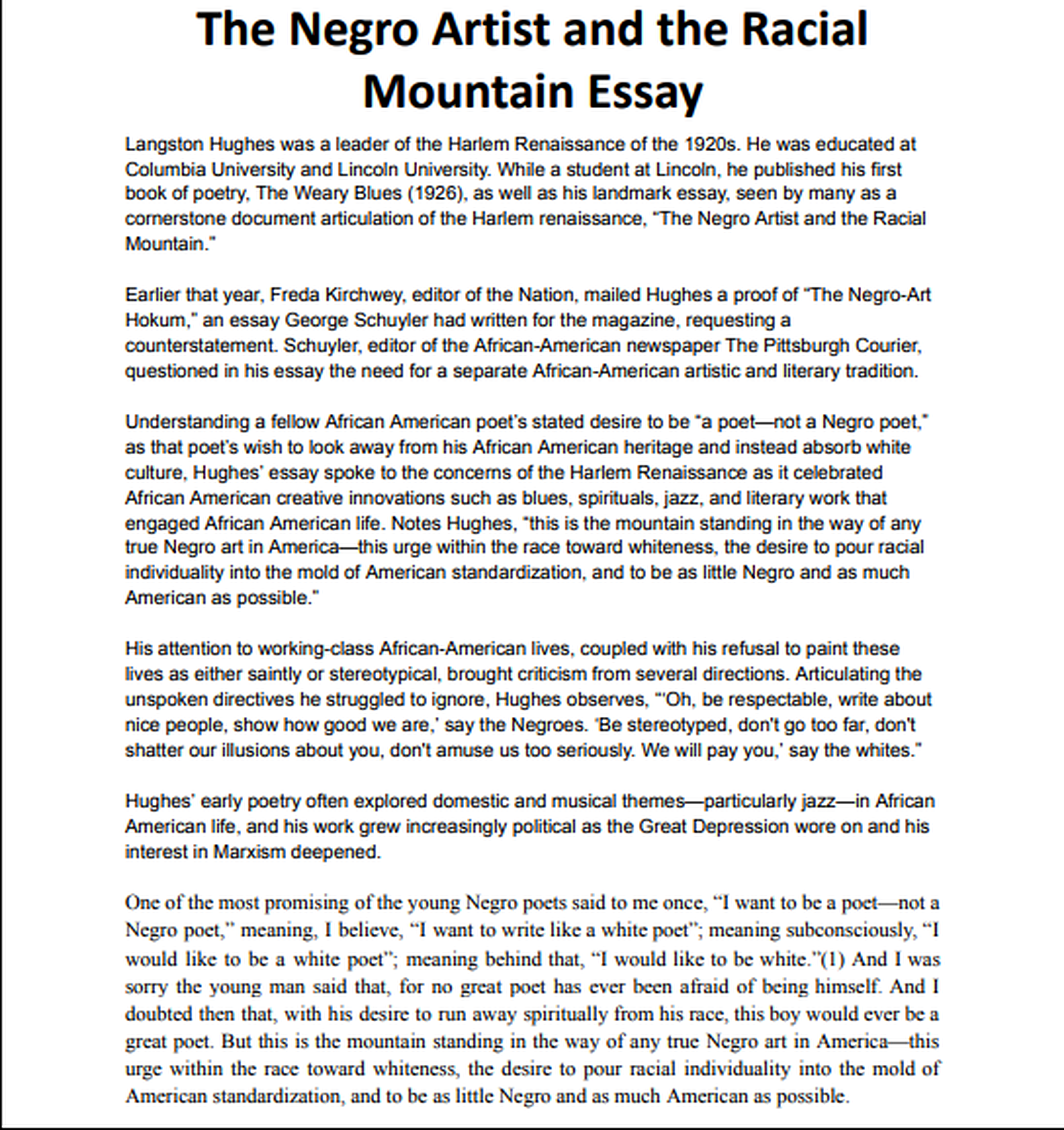The Negro Artist and the Racial Mountain Essay - Free AI Essay Generator, 50+ Real Essay Examples