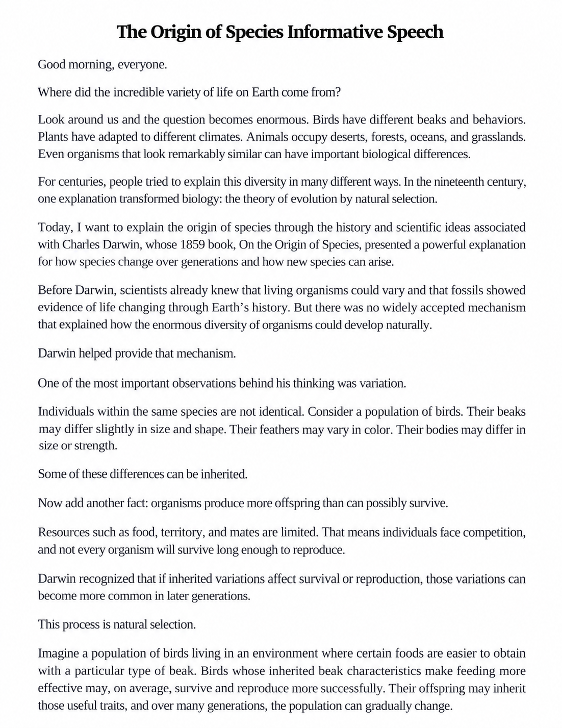 The Origin of Species Informative Speech - Free AI Informative Speech Generator, 50+ Real Informative Speech Examples