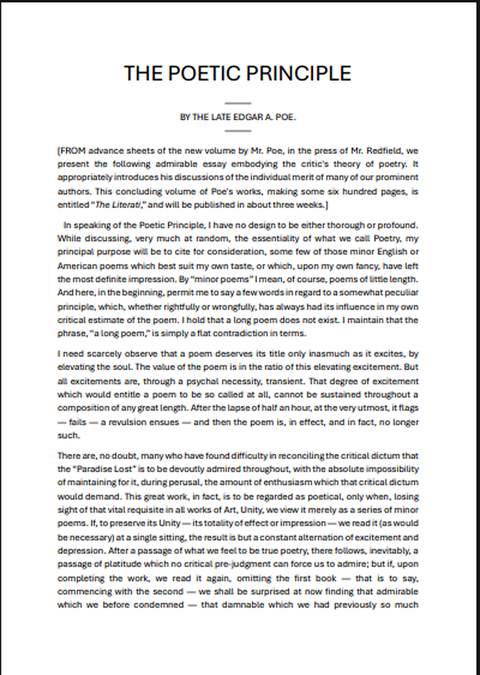 The Poetic Principle Essay - Free AI Essay Generator, 50+ Real Essay Examples