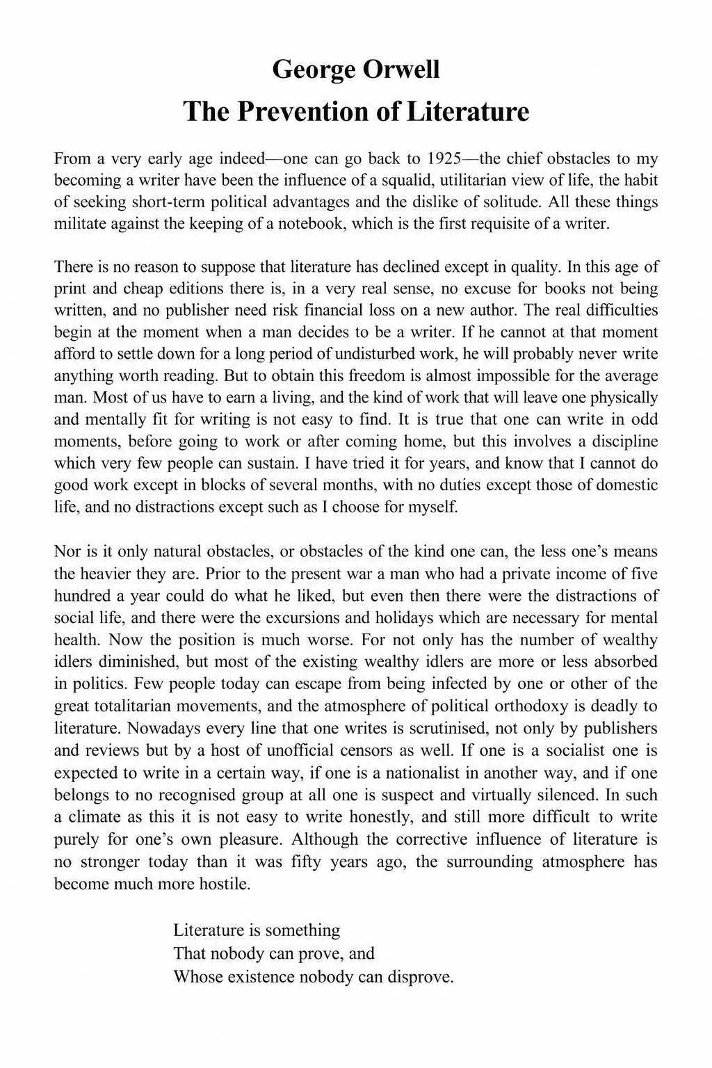 The Prevention of Literature Essay - Free AI Essay Generator, 50+ Real Essay Examples