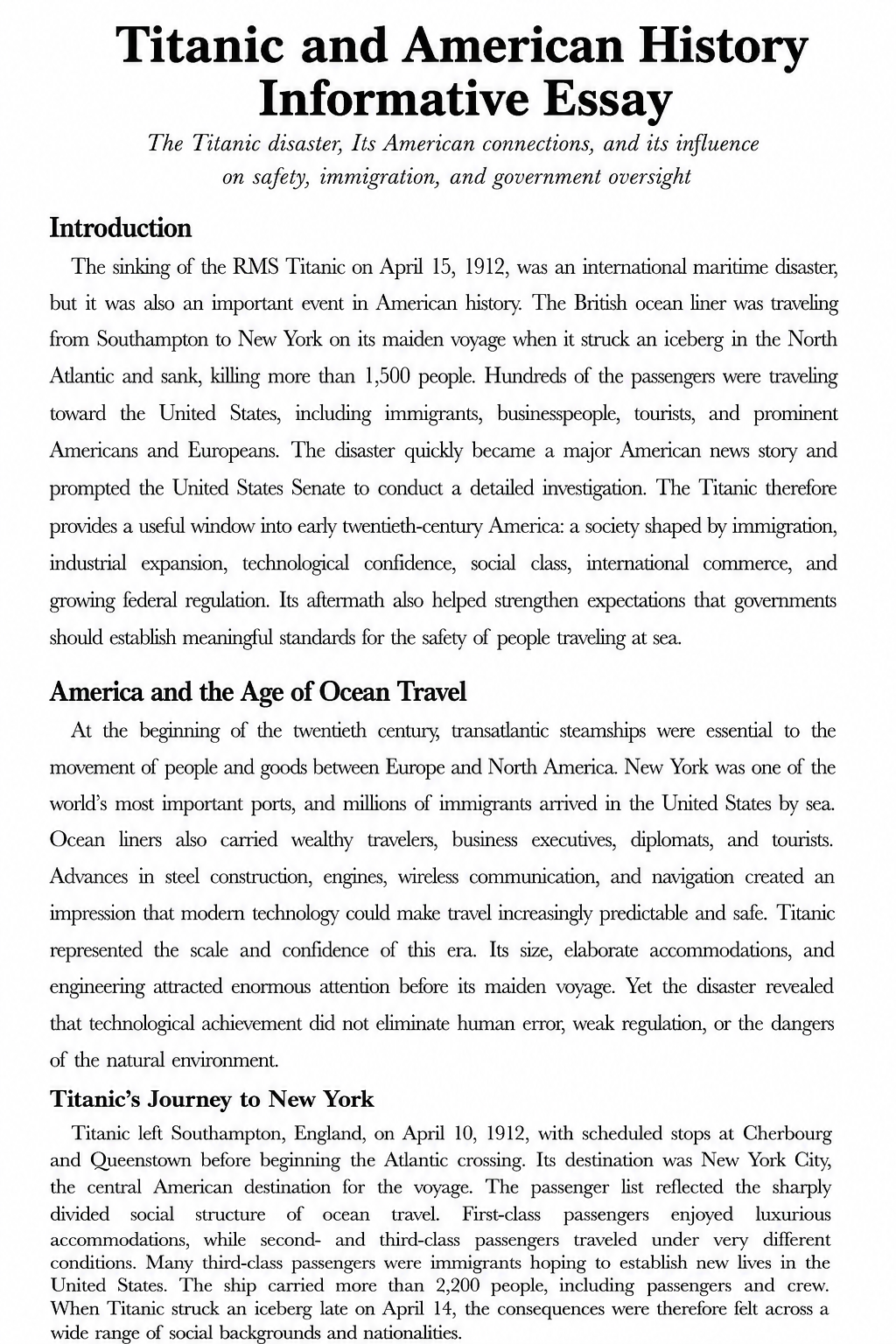 Titanic and American History Informative Essay - Free AI Informative Essay Generator, 50+ Real Informative Essay Examples