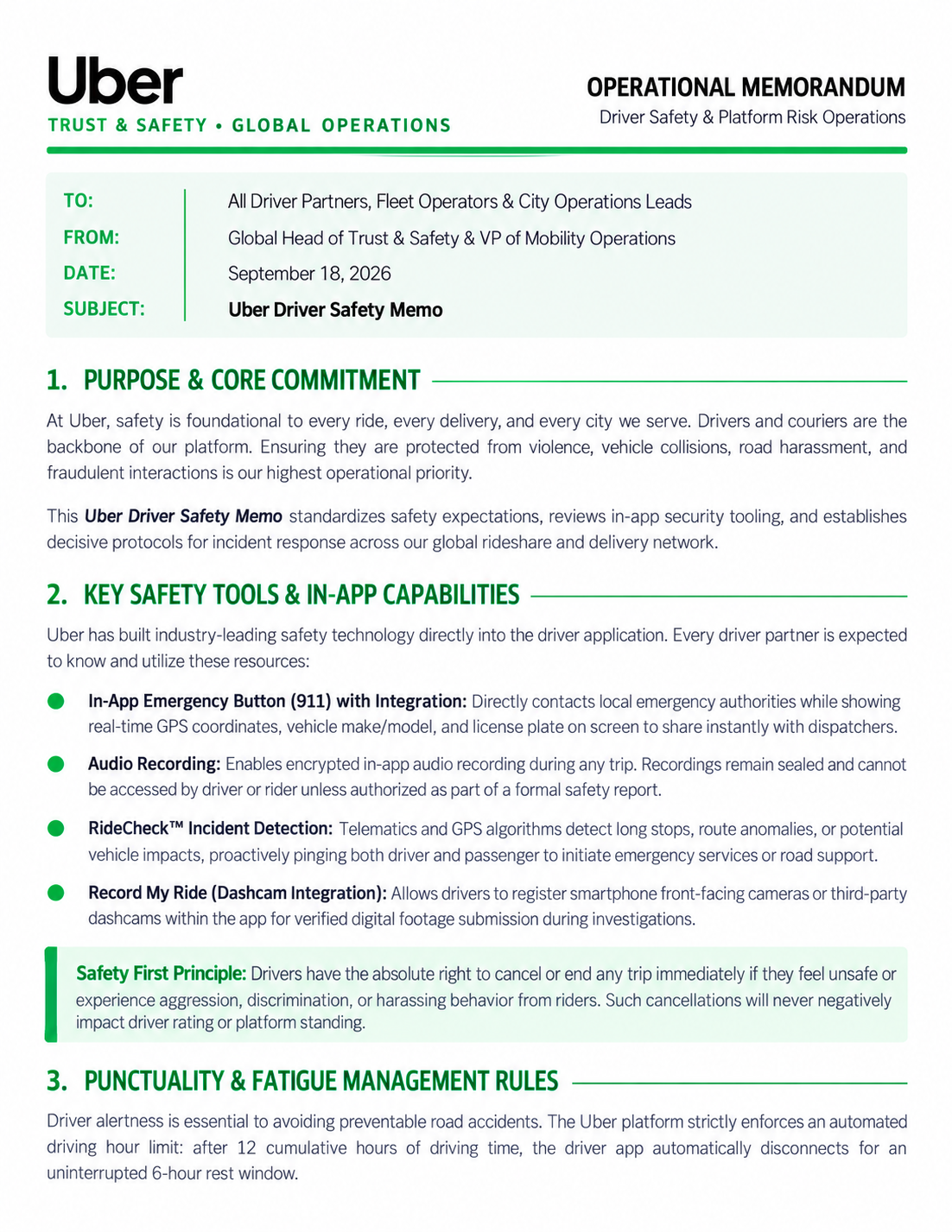 Uber Driver Safety Memo - Free AI Memo Generator, 50+ Real Memo Examples