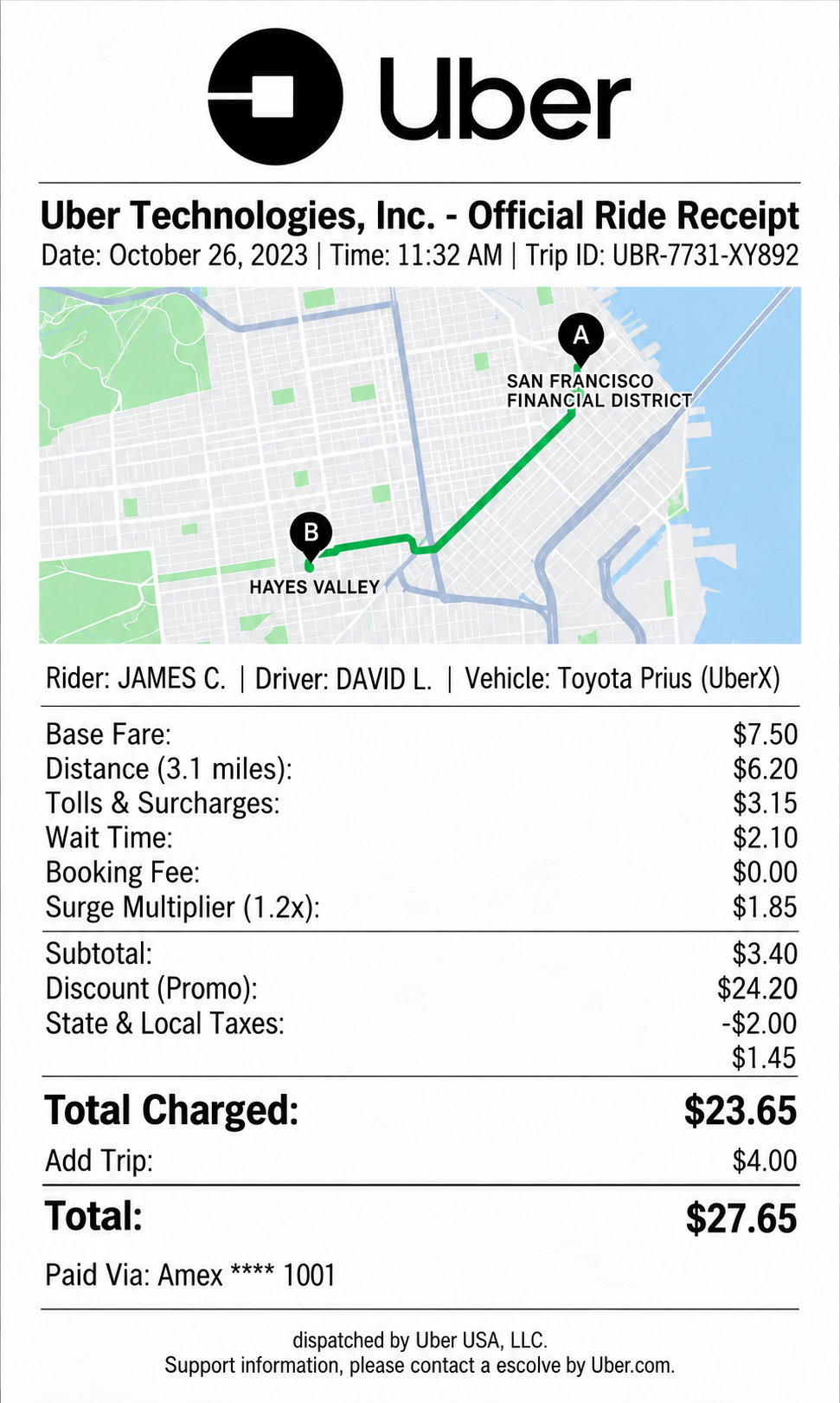 Uber Ride Receipt - Free AI Receipt Generator, 50+ Real Receipt Examples