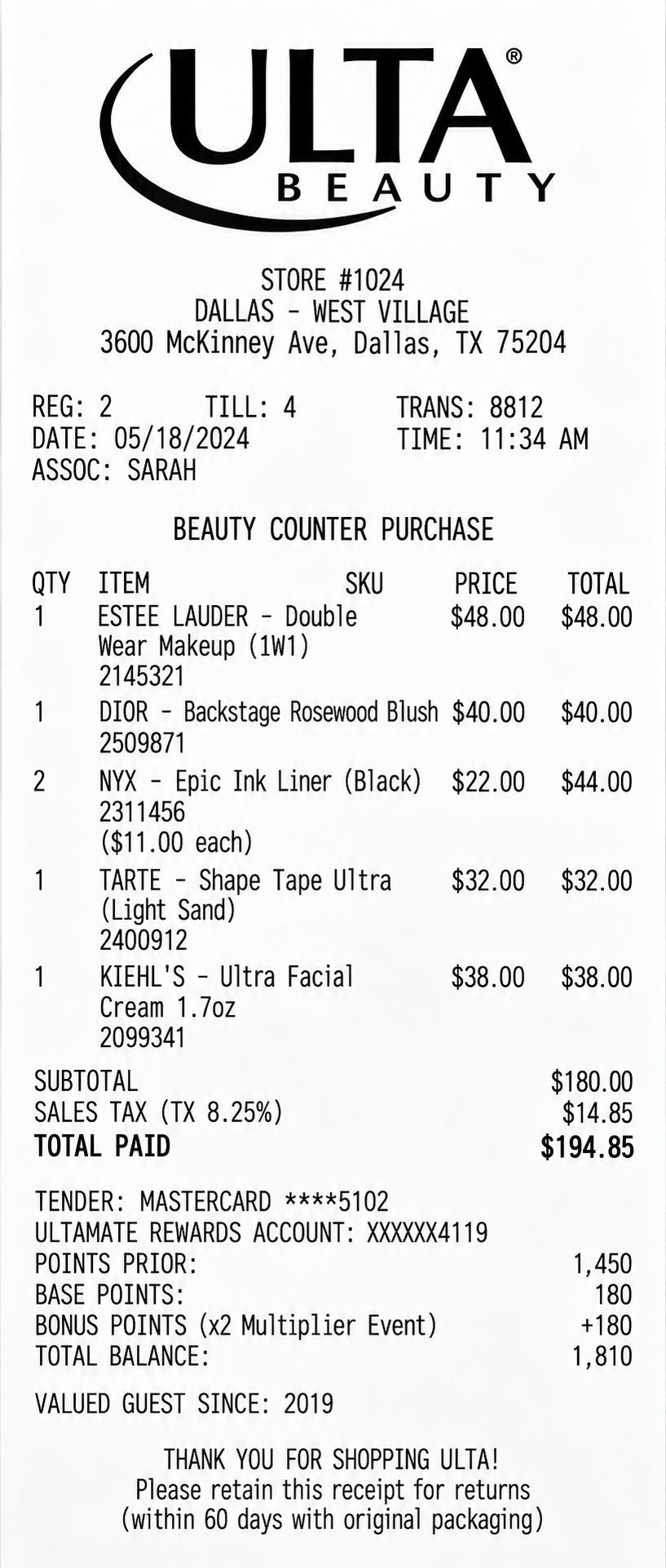 Ulta Beauty In-Store Beauty Counter Receipt - Free AI Receipt Generator, 50+ Real Receipt Examples