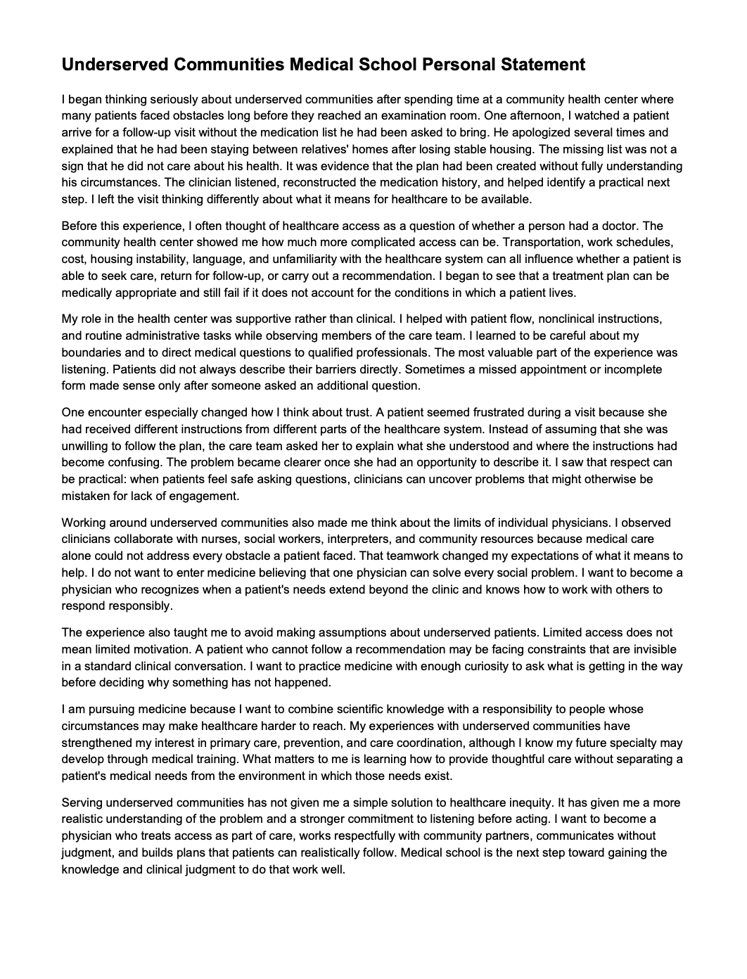 Underserved Communities Medical School Personal Statement - Free AI Medical School Personal Statement Generator, 50+ Real Medical School Personal Statement Examples
