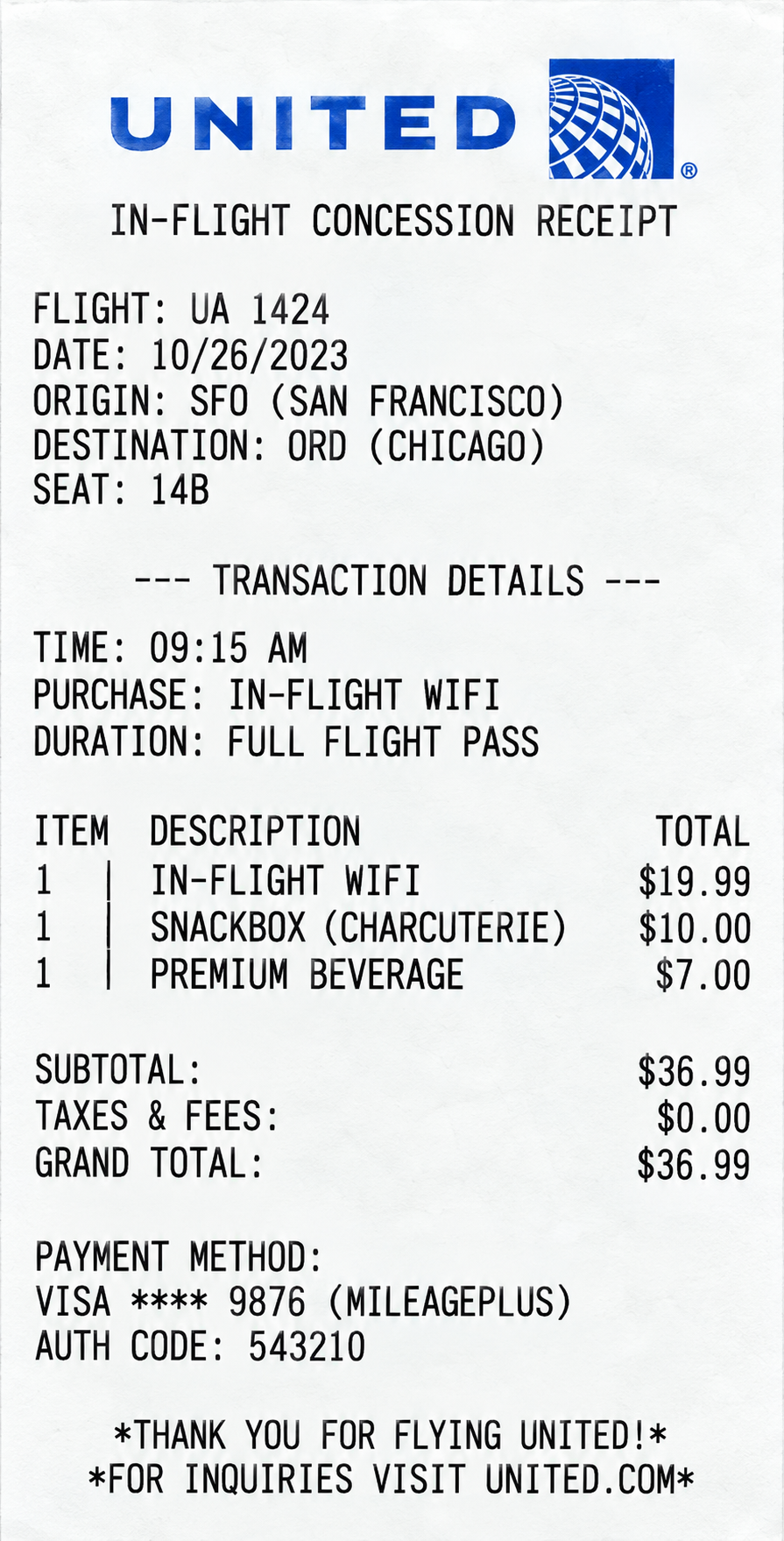 United Airlines In-Flight WiFi/Concession Receipt - Free AI Receipt Generator, 50+ Real Receipt Examples
