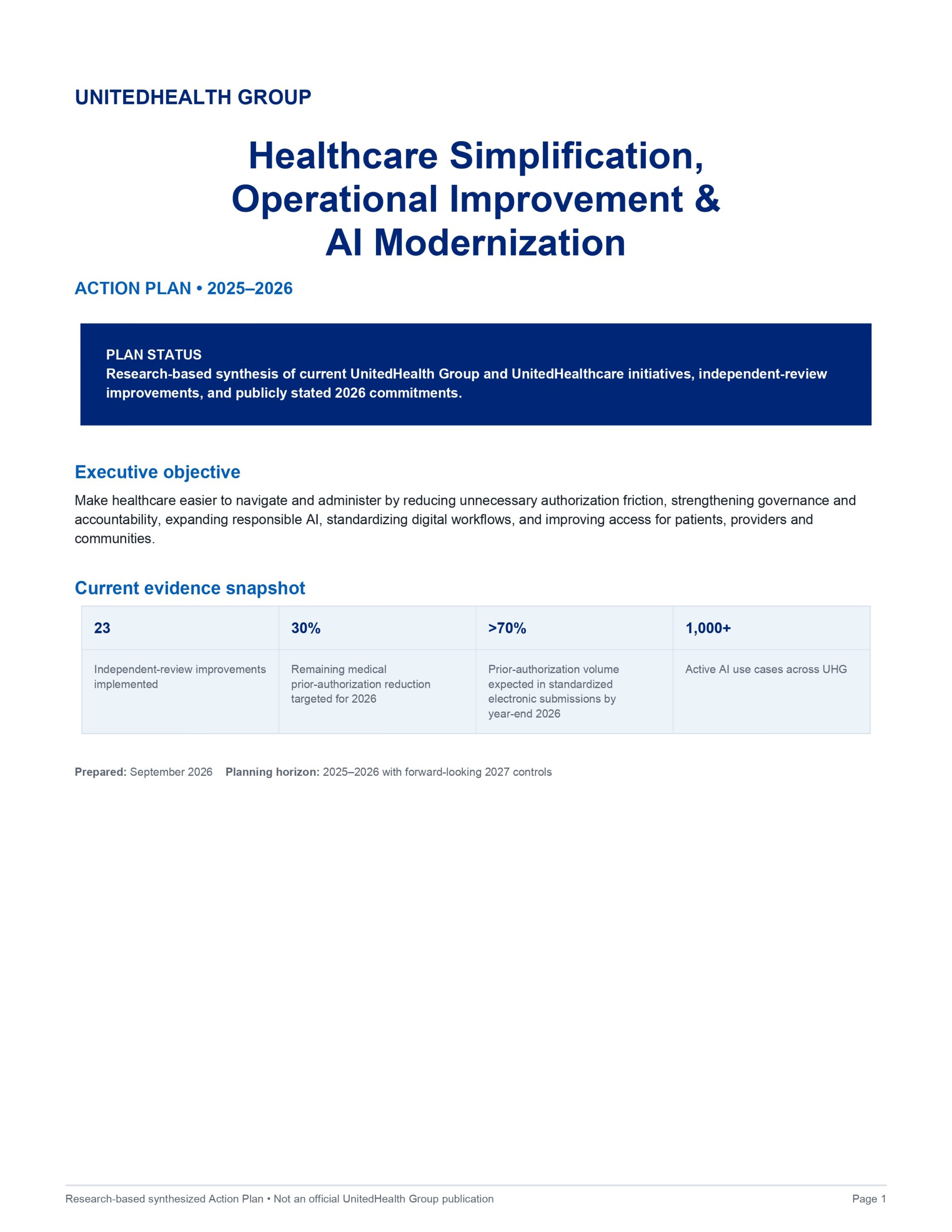 UnitedHealth Group Healthcare Simplification, Operational Improvement & AI Modernization Action Plan - Free AI Action Plan Generator, 50+ Real Action Plan Examples