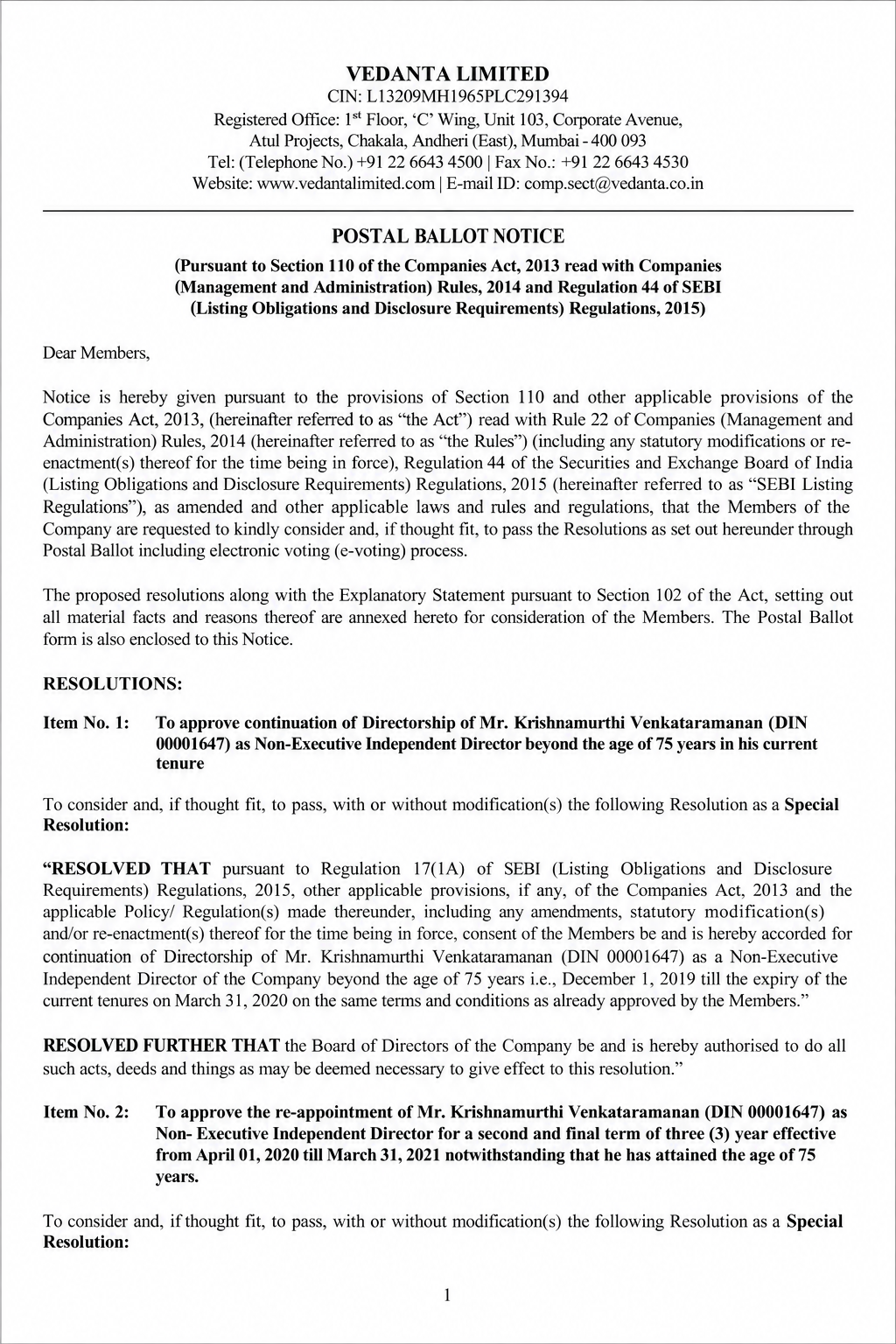 Vedanta Postal Ballot Notice - Free AI Notice Generator, 50+ Real Notice Examples