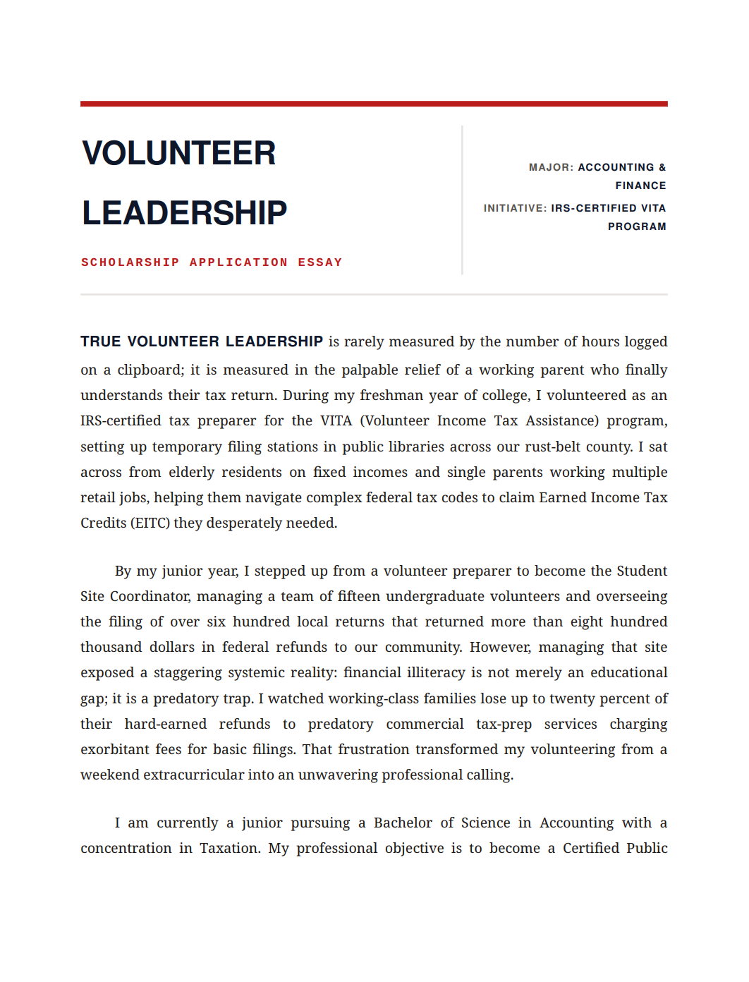 Volunteer Leadership Scholarship Essay - Free AI Scholarship Essay Generator, 50+ Real Scholarship Essay Examples