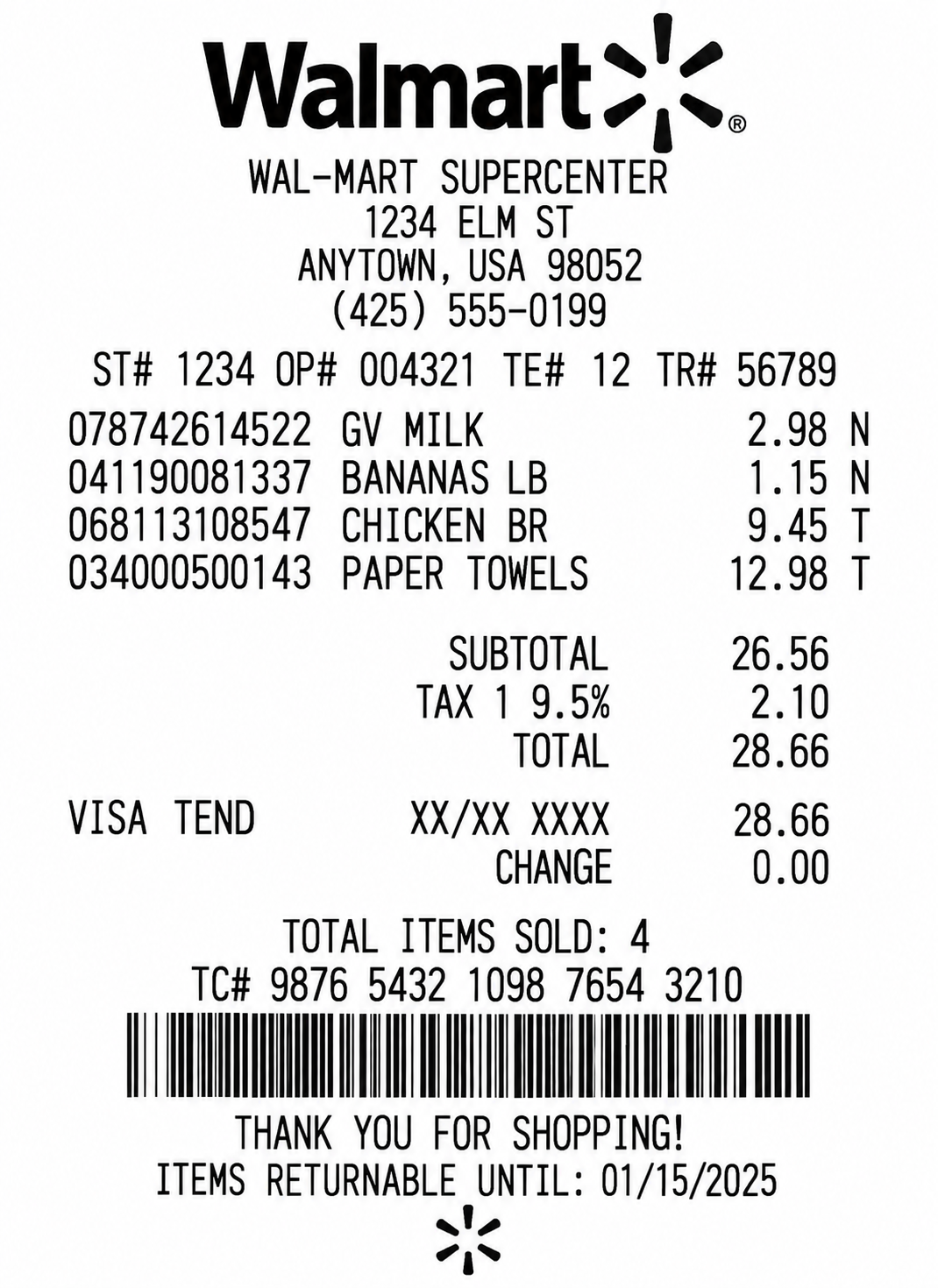 Walmart Standard Thermal Receipt - Free AI Receipt Generator, 50+ Real Receipt Examples