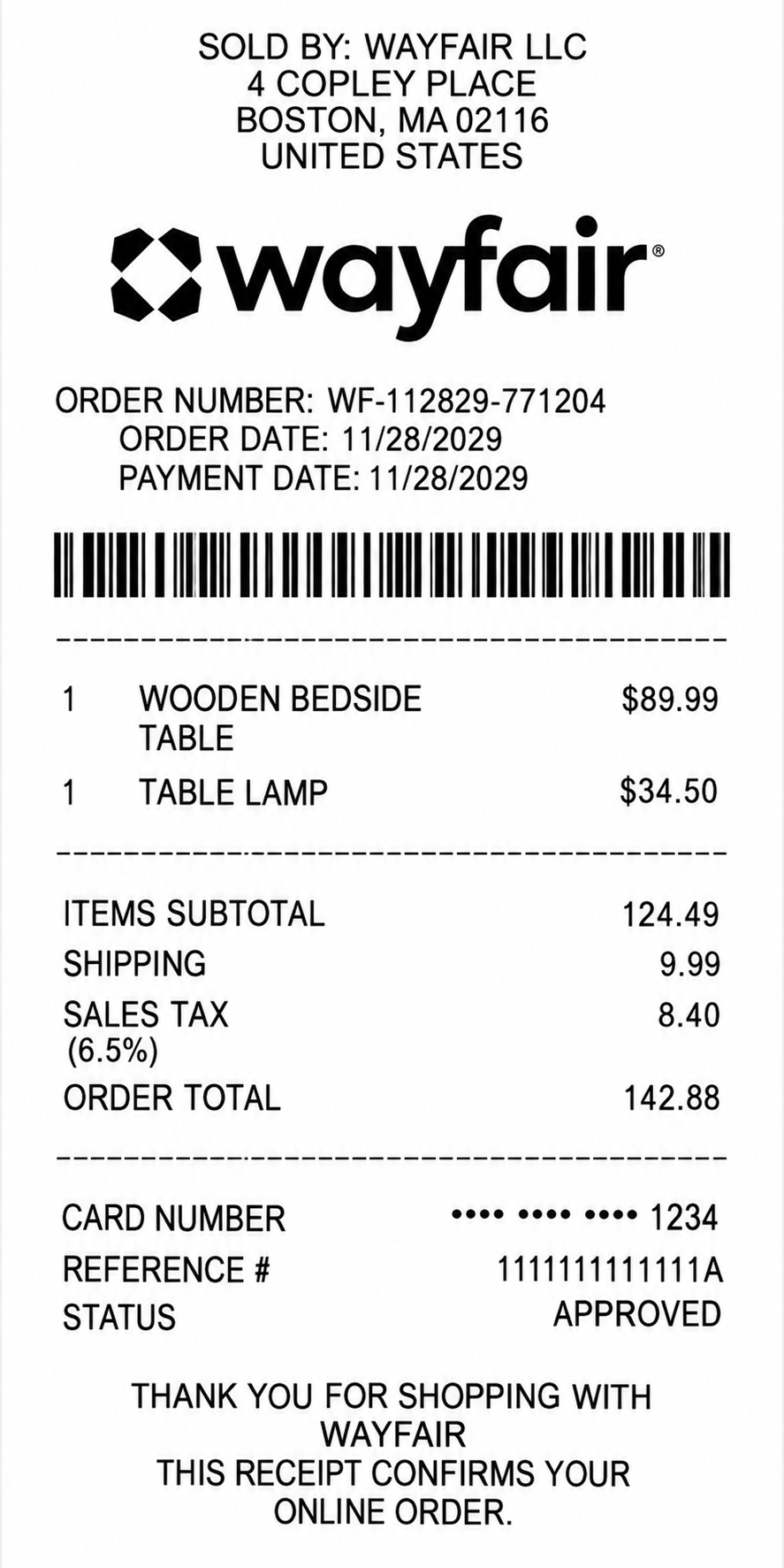 Wayfair Order Confirmation Receipt - Free AI Receipt Generator, 50+ Real Receipt Examples