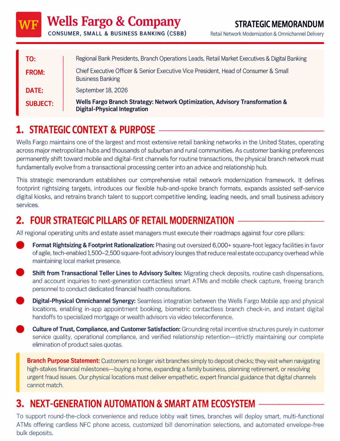 Wells Fargo Branch Strategy Memo - Free AI Memo Generator, 50+ Real Memo Examples