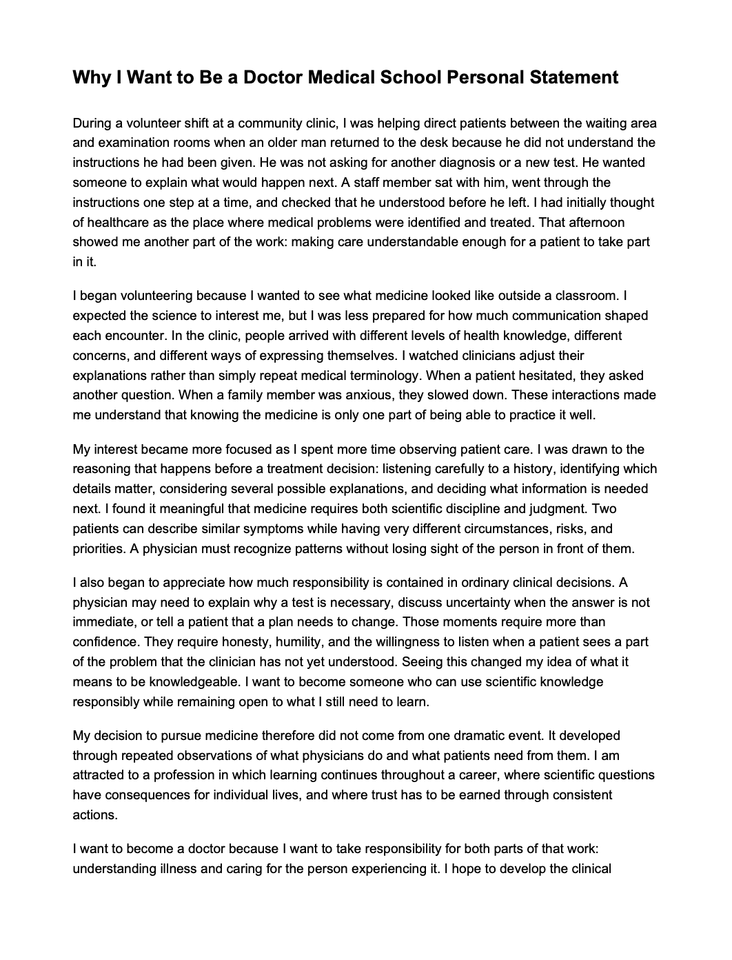 Why I Want to Be a Doctor Medical School Personal Statement
