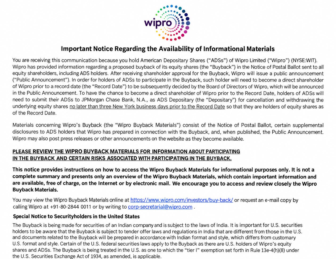 Wipro ADS Holder Informational Materials Notice - Free AI Notice Generator, 50+ Real Notice Examples