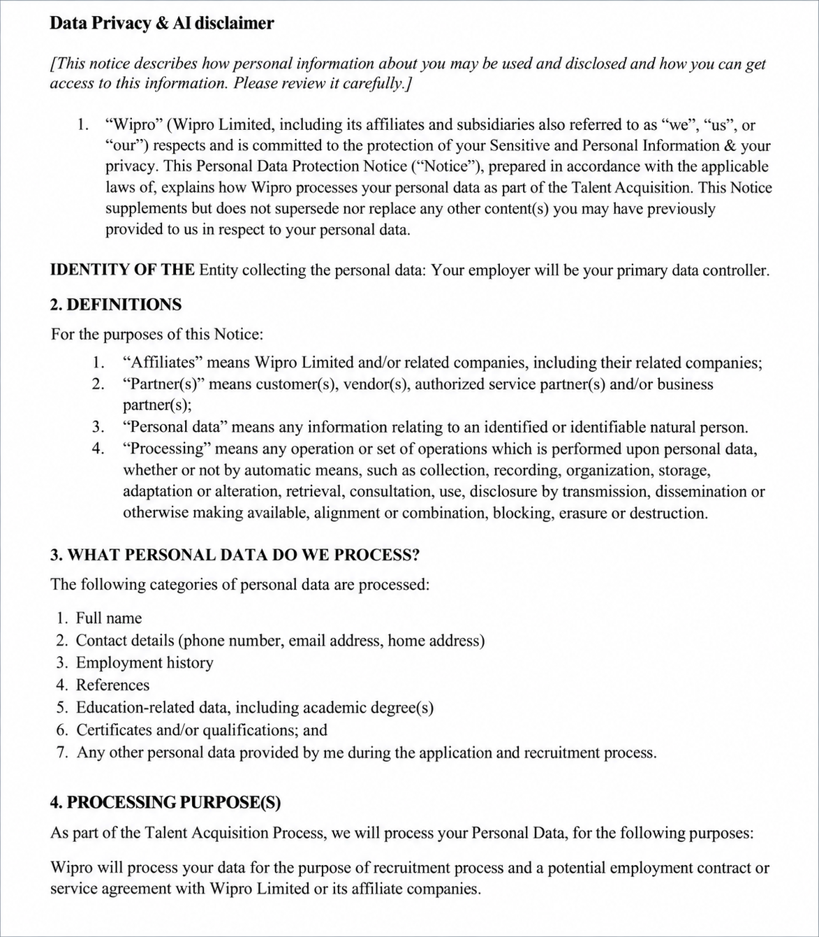 Wipro Personal Data Protection Notice - Free AI Notice Generator, 50+ Real Notice Examples
