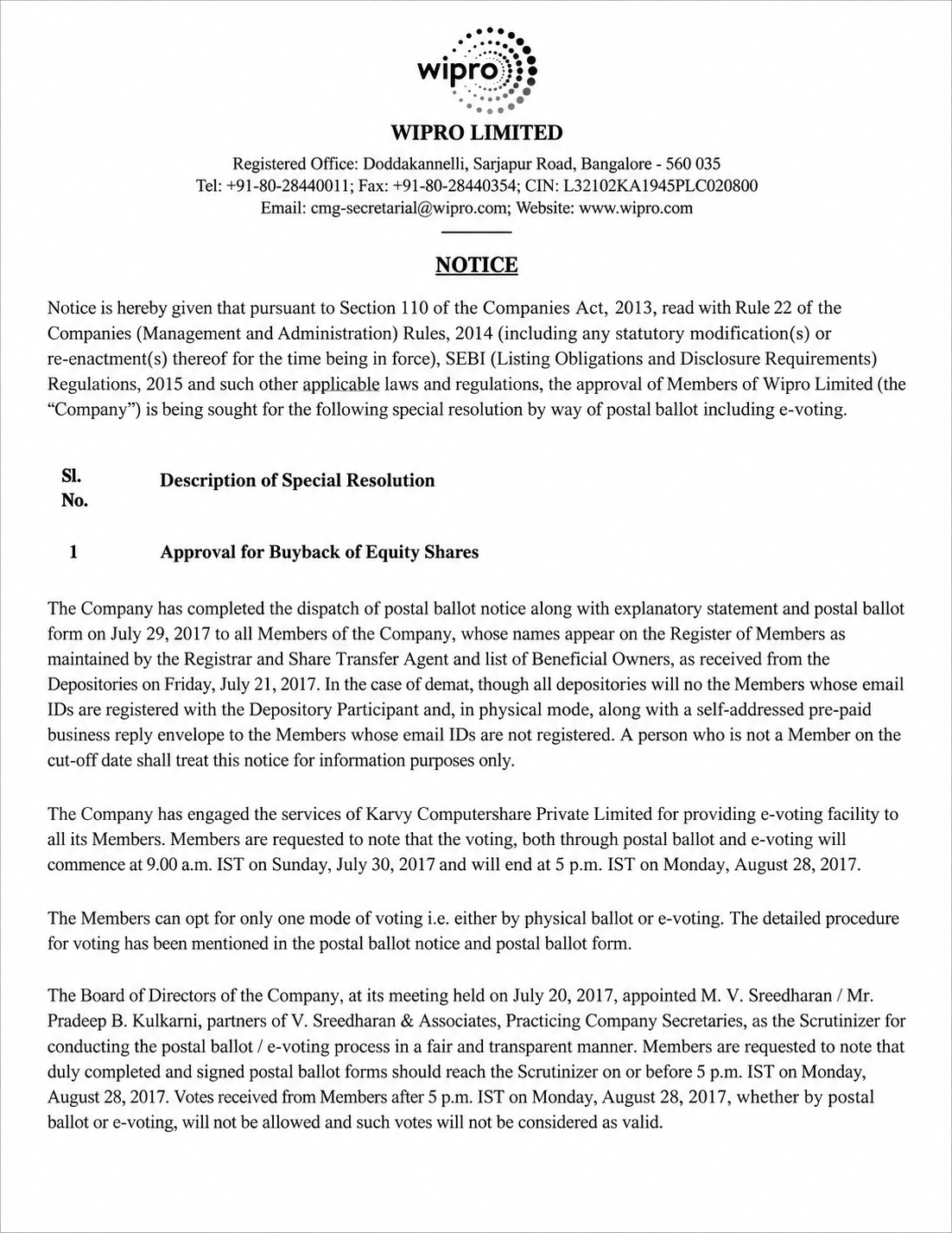 Wipro Postal Ballot Notice - Free AI Notice Generator, 50+ Real Notice Examples