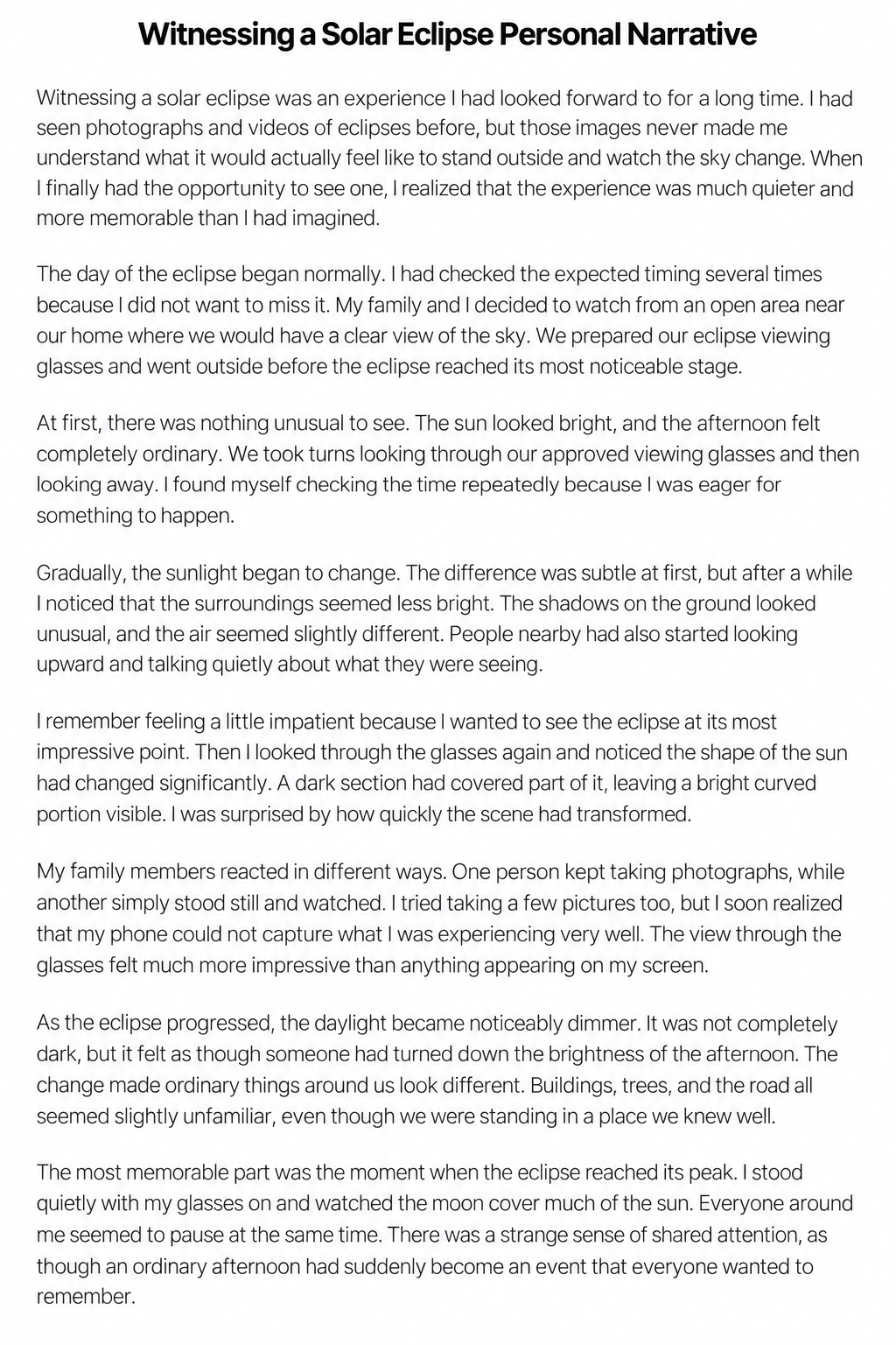 Witnessing a Solar Eclipse Personal Narrative - Free AI Personal Narrative Generator, 50+ Real Personal Narrative Examples