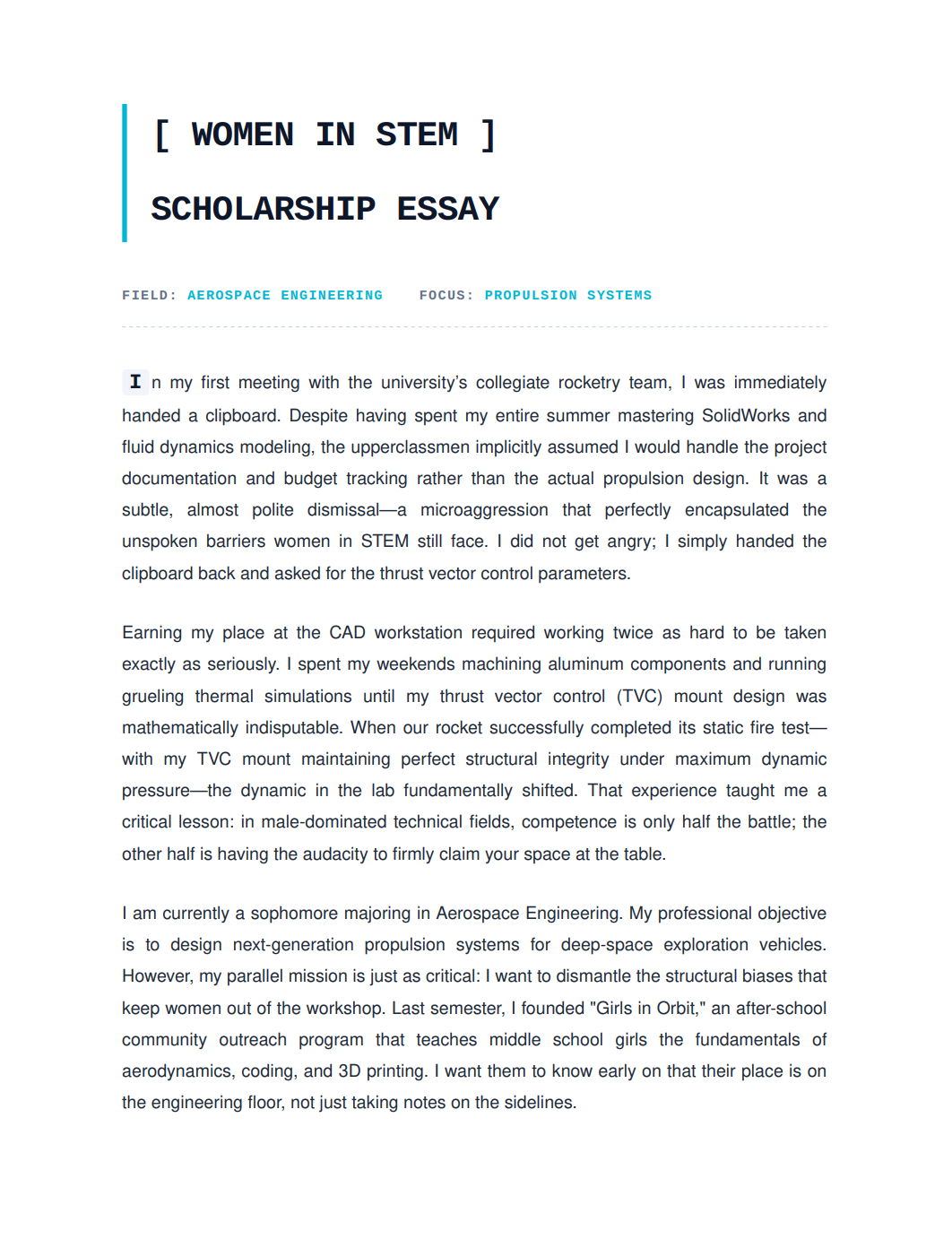 Women in STEM Scholarship Essay - Free AI Scholarship Essay Generator, 50+ Real Scholarship Essay Examples