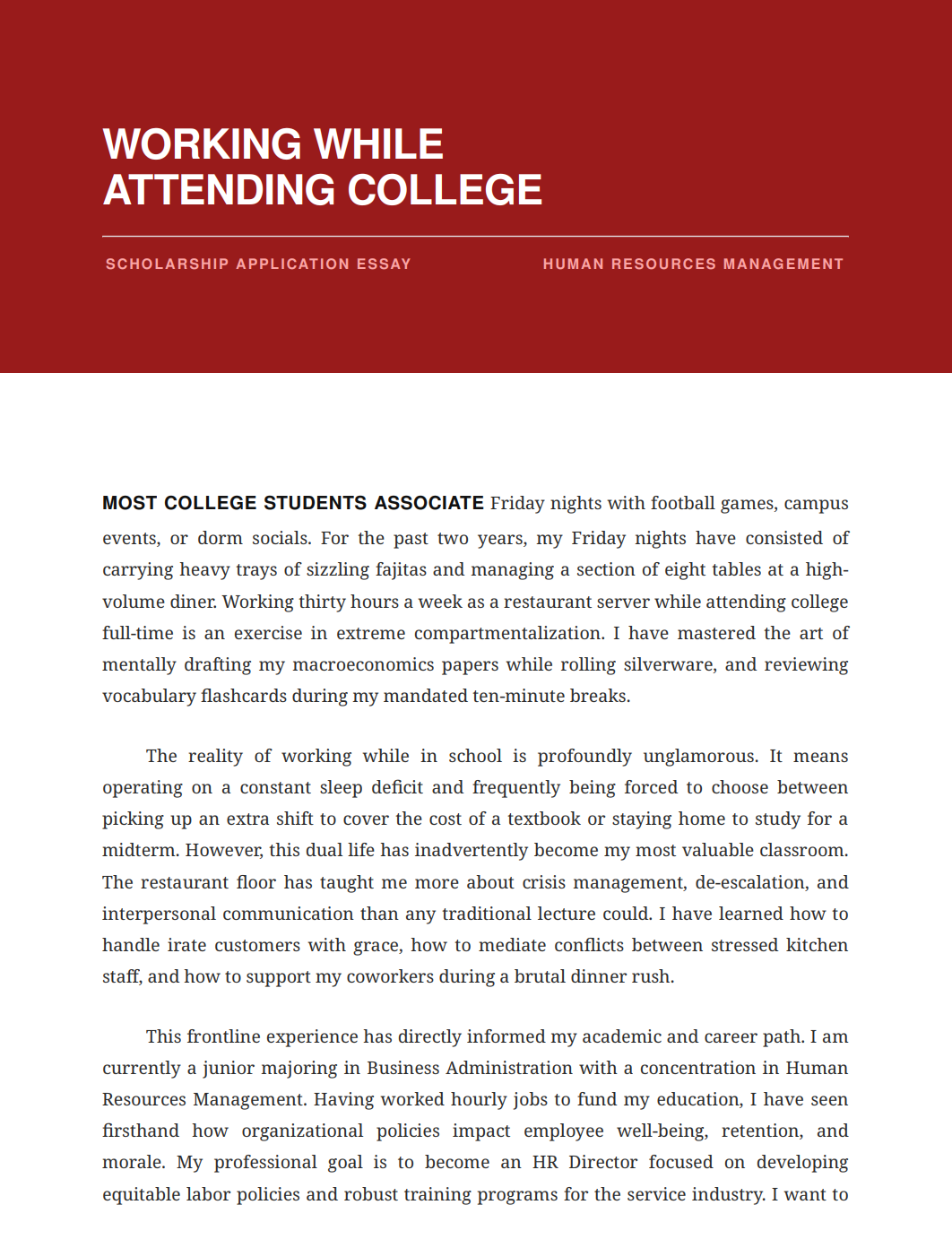 Working While Attending College Scholarship Essay - Free AI Scholarship Essay Generator, 50+ Real Scholarship Essay Examples