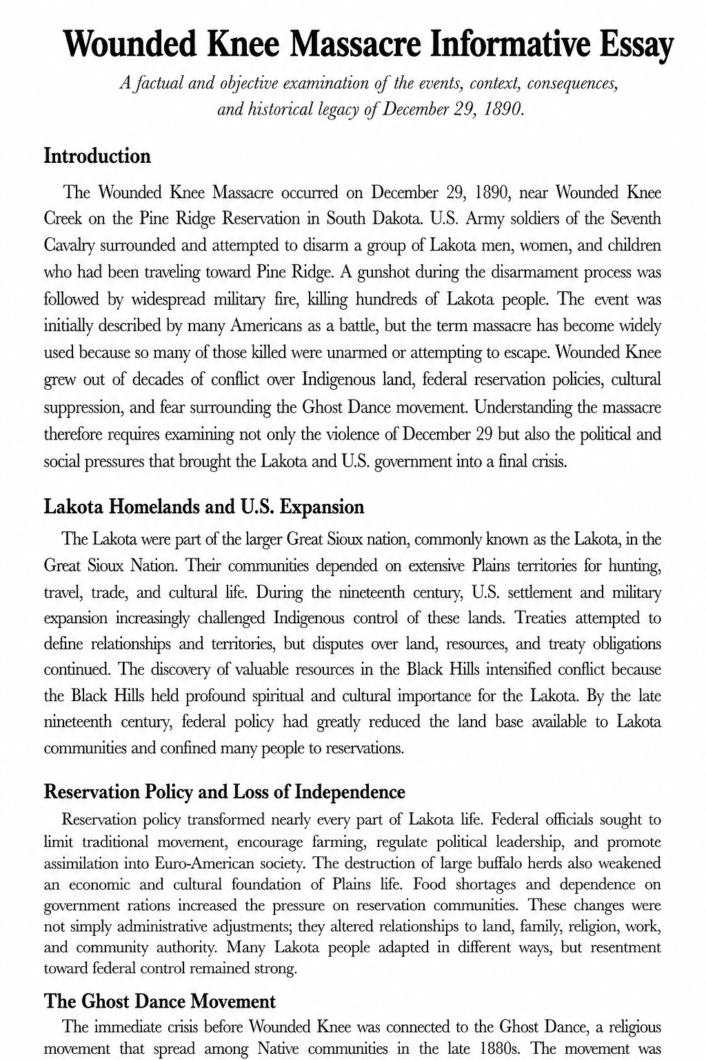 Wounded Knee Massacre Informative Essay - Free AI Informative Essay Generator, 50+ Real Informative Essay Examples