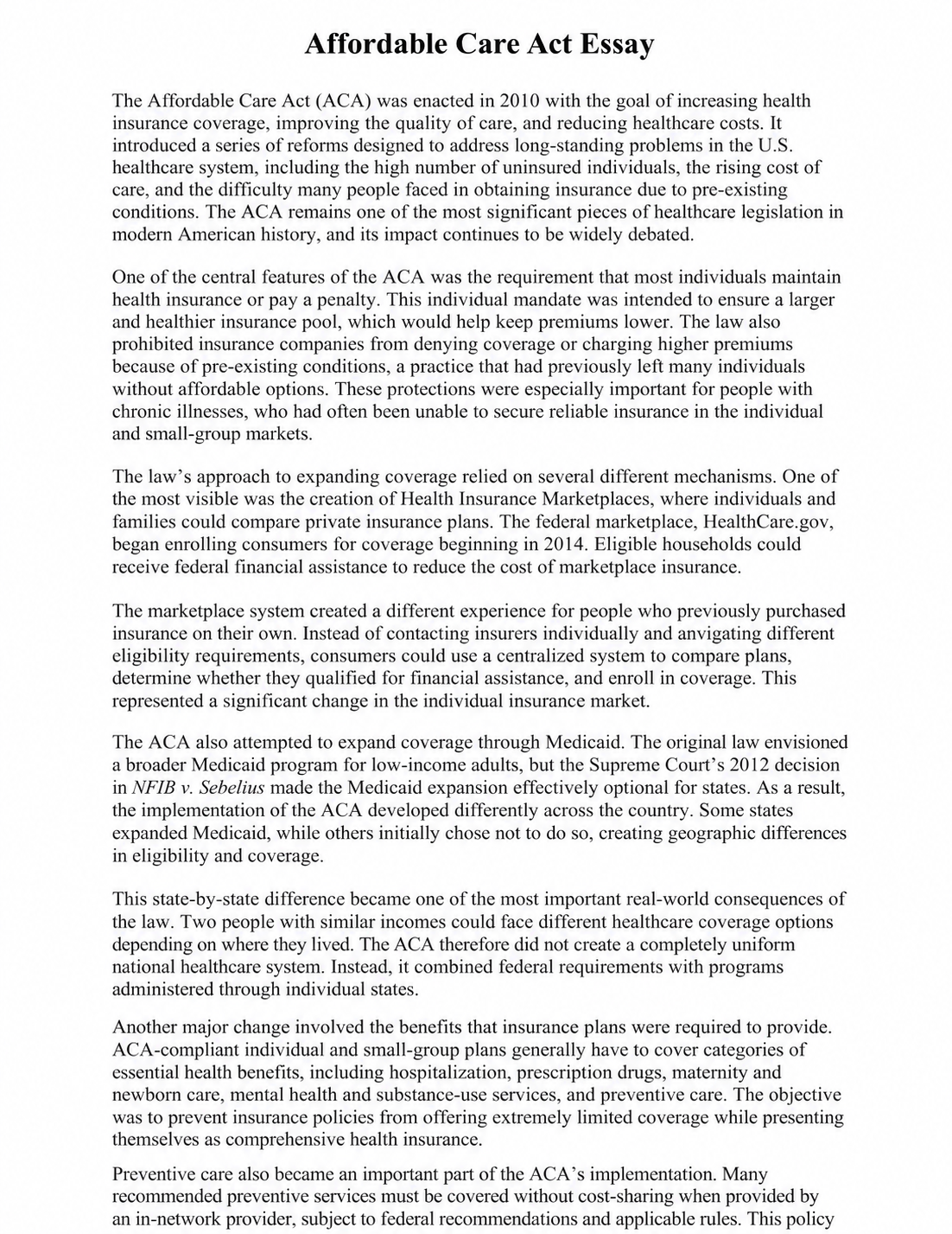 Affordable Care Act Essay - Free AI Essay Generator, 50+ Real Essay Examples