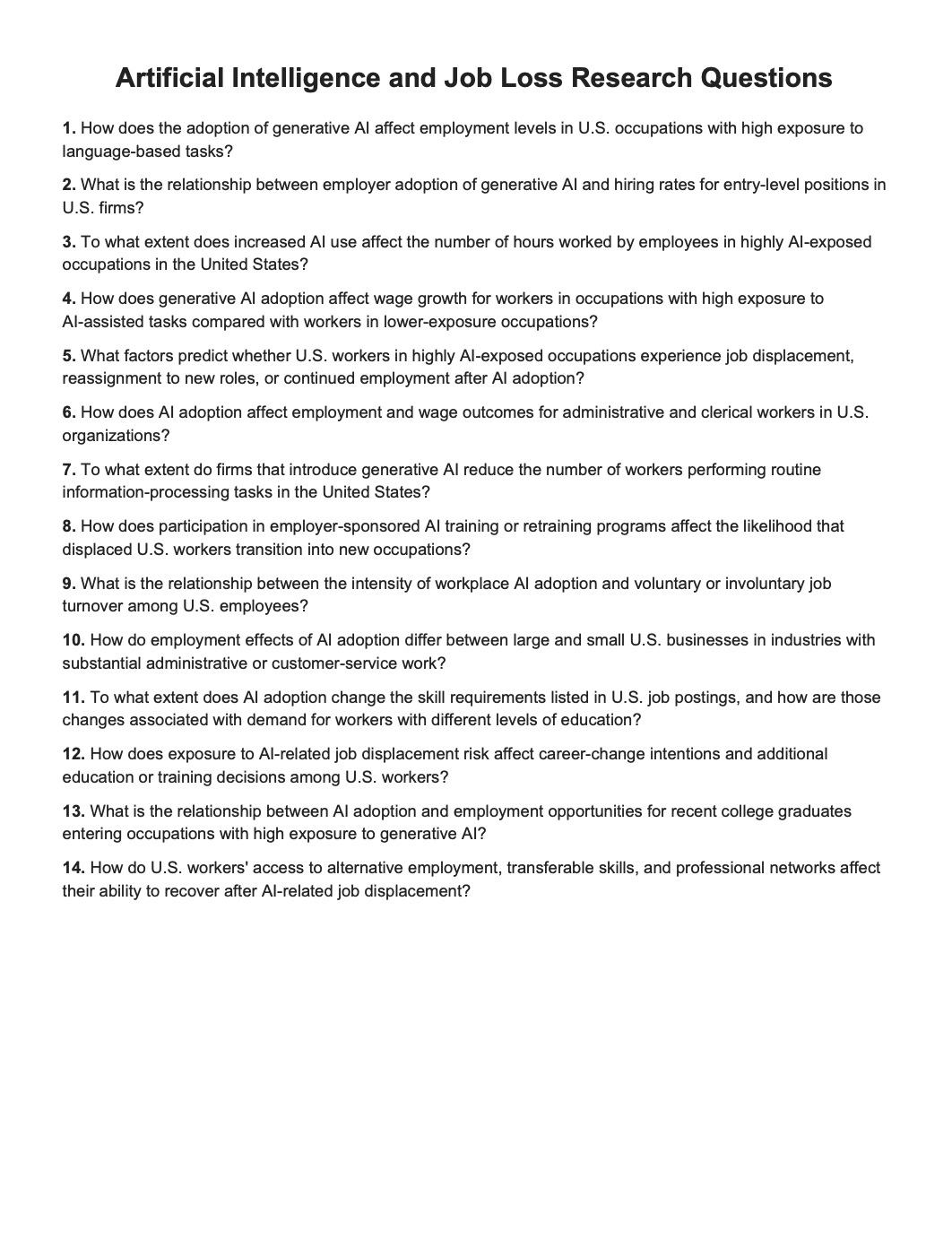 Artificial Intelligence and Job Loss Research Questions - Free AI Research Questions Generator, 50+ Real Research Question Examples