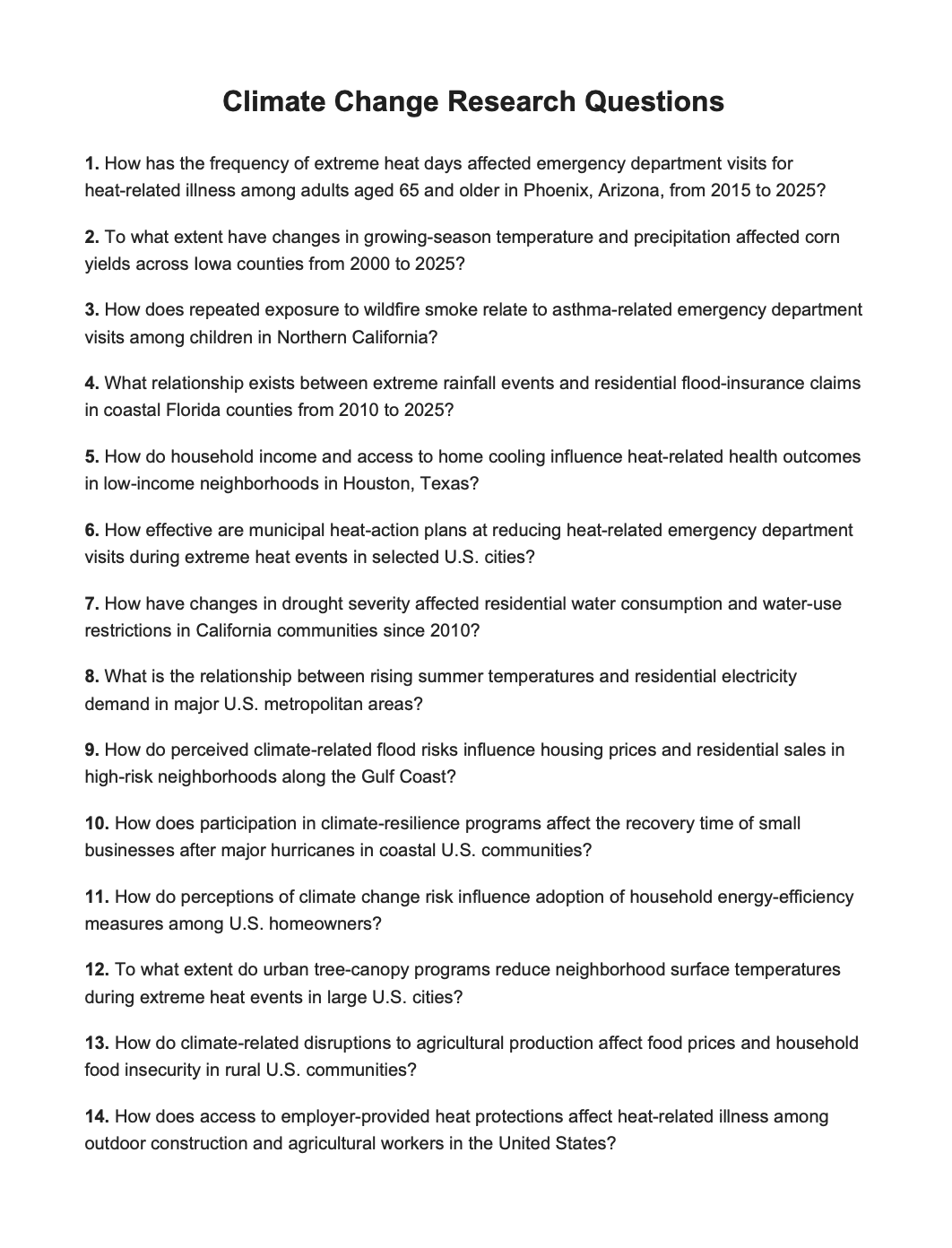 Climate Change Research Questions - Free AI Research Questions Generator, 50+ Real Research Question Examples
