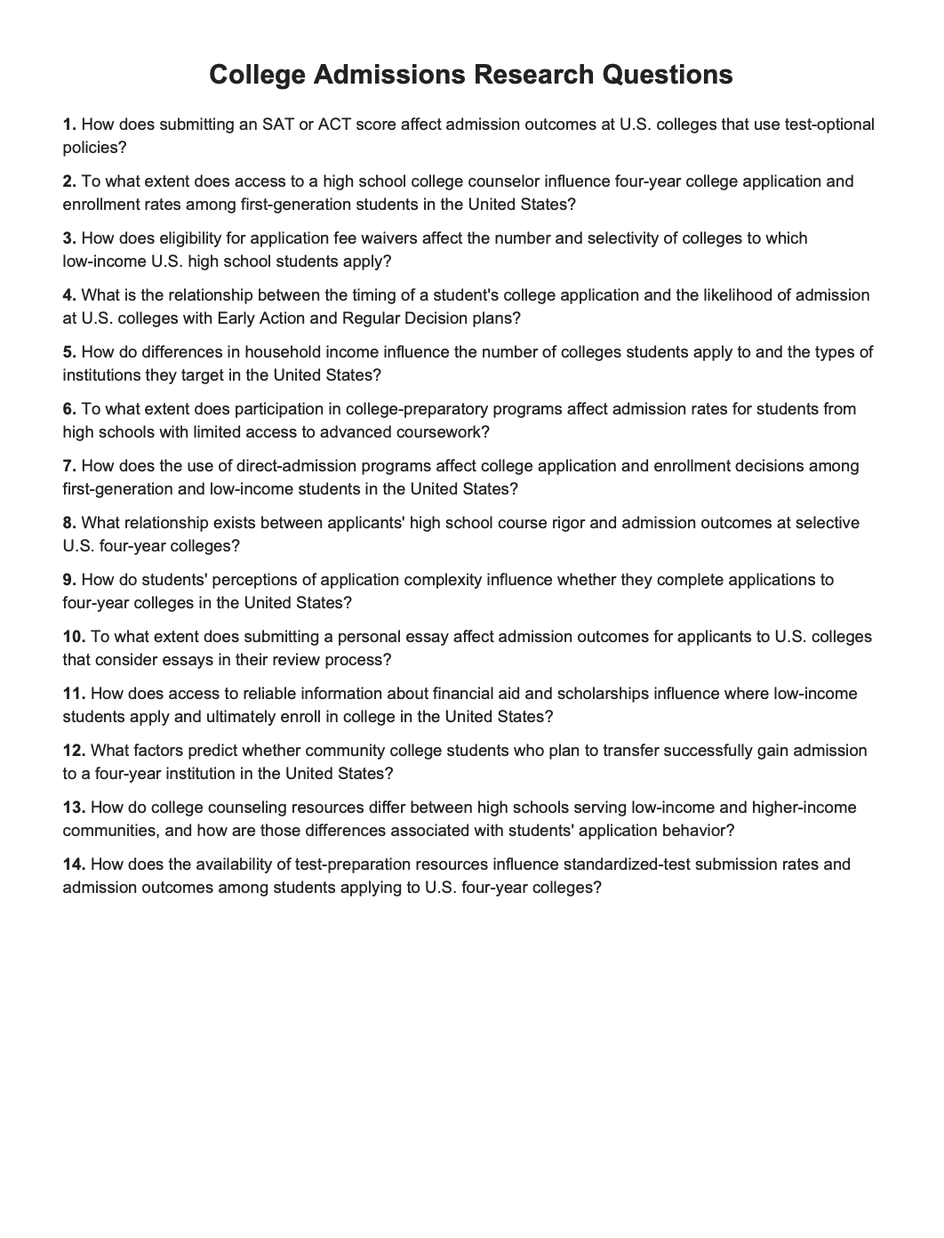 College Admissions Research Questions - Free AI Research Questions Generator, 50+ Real Research Question Examples