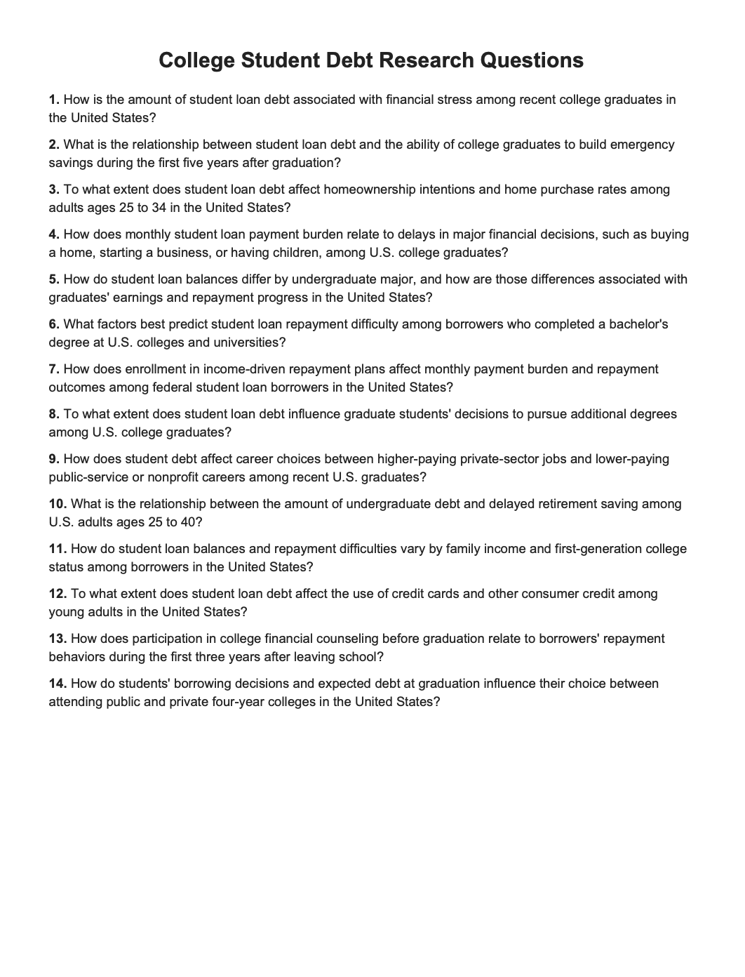 College Student Debt Research Questions - Free AI Research Questions Generator, 50+ Real Research Question Examples