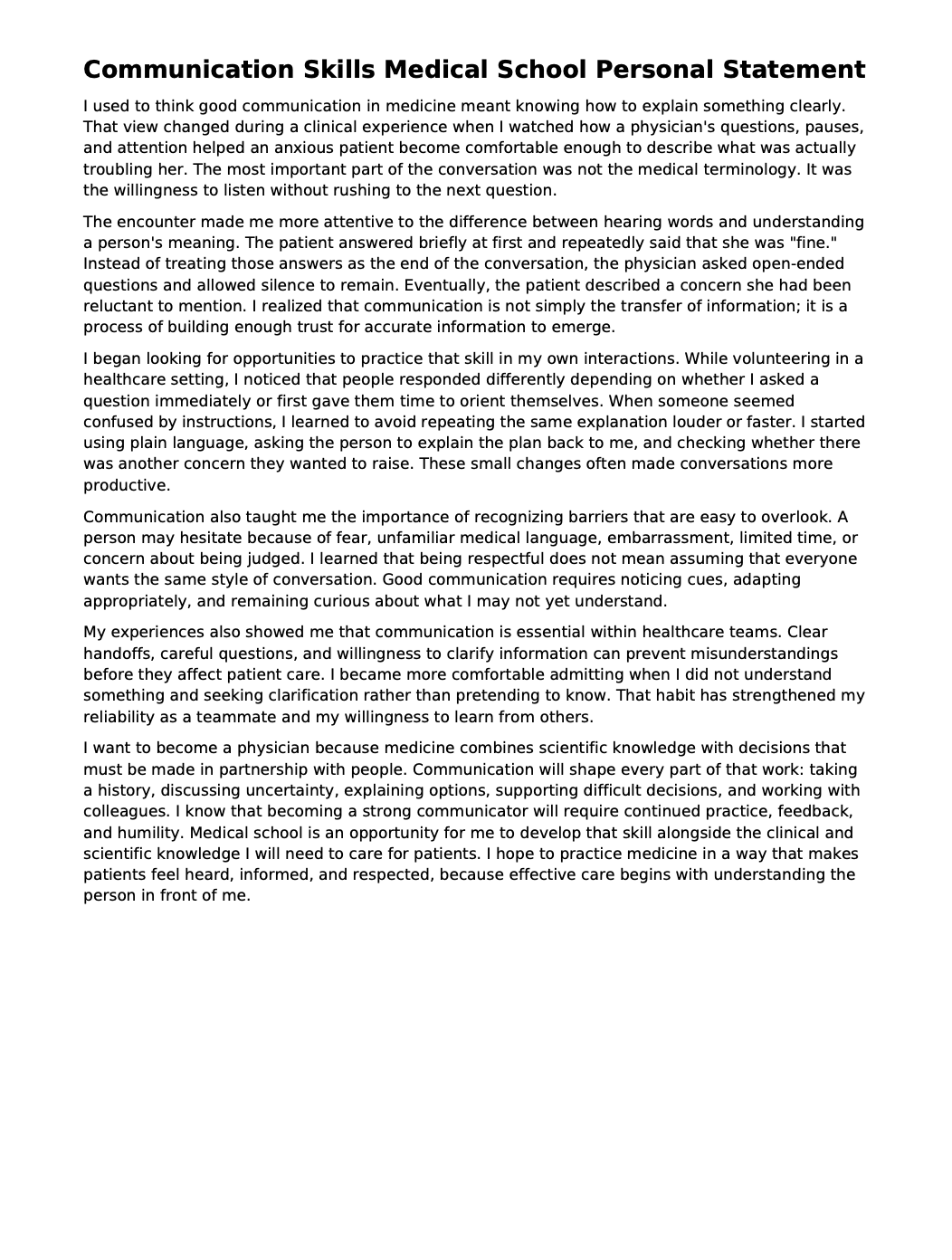 Communication Skills Medical School Personal Statement - Free AI Medical School Personal Statement Generator, 50+ Real Medical School Personal Statement Examples