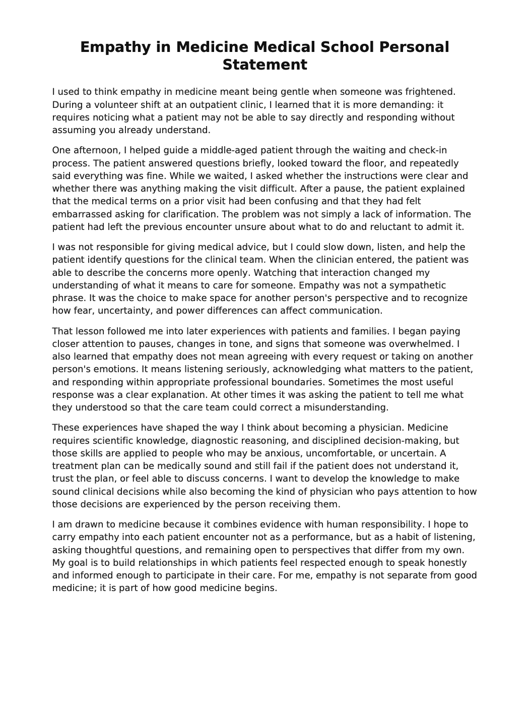 Empathy in Medicine Medical School Personal Statement - Free AI Medical School Personal Statement Generator, 50+ Real Medical School Personal Statement Examples