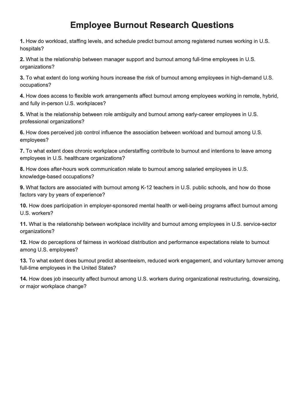 Employee Burnout Research Questions - Free AI Research Questions Generator, 50+ Real Research Question Examples
