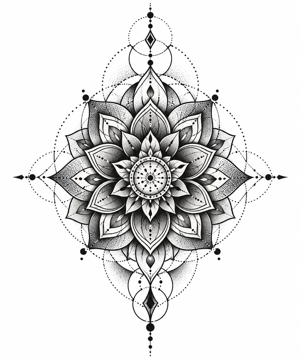 Geometric Dotwork Mandala Tattoo - Free AI Tattoo Generator, 50+ Real Tattoo Examples