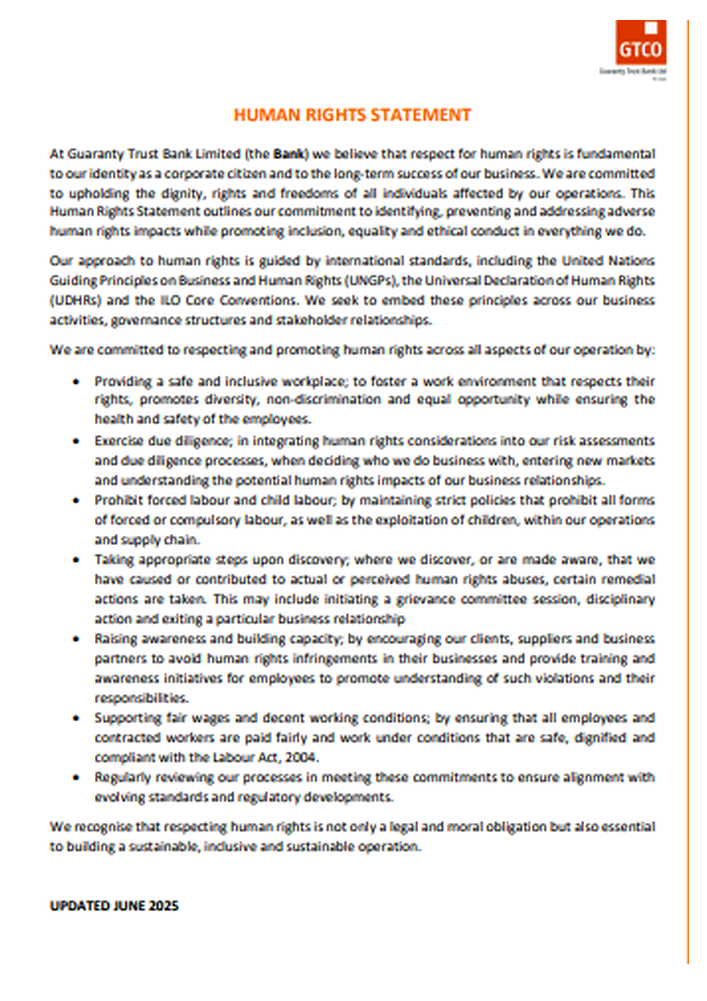 Guaranty Trust Bank Human Rights Statement - Free AI Statement Generator, 50+ Real Statement Examples