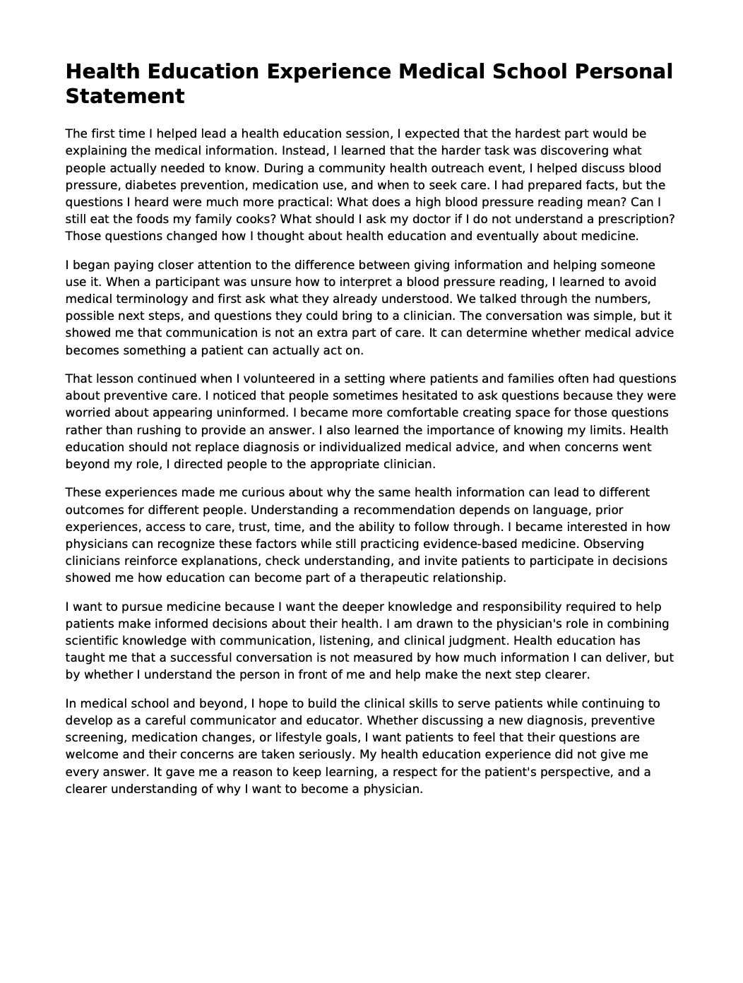 Health Education Experience Medical School Personal Statement - Free AI Medical School Personal Statement Generator, 50+ Real Medical School Personal Statement Examples