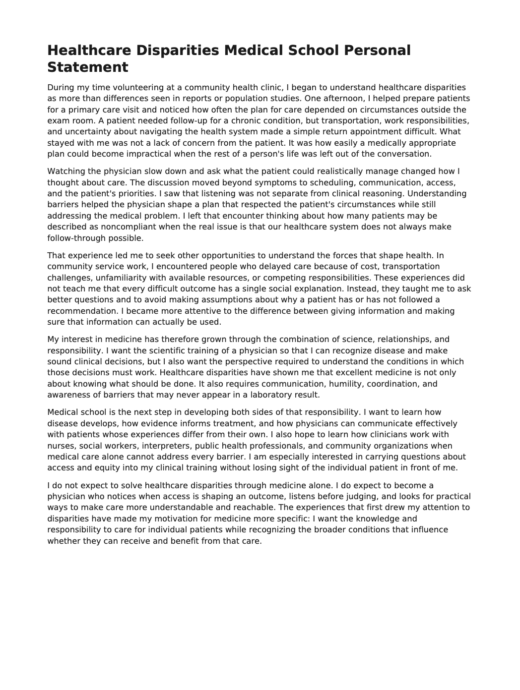 Healthcare Disparities Medical School Personal Statement - Free AI Medical School Personal Statement Generator, 50+ Real Medical School Personal Statement Examples