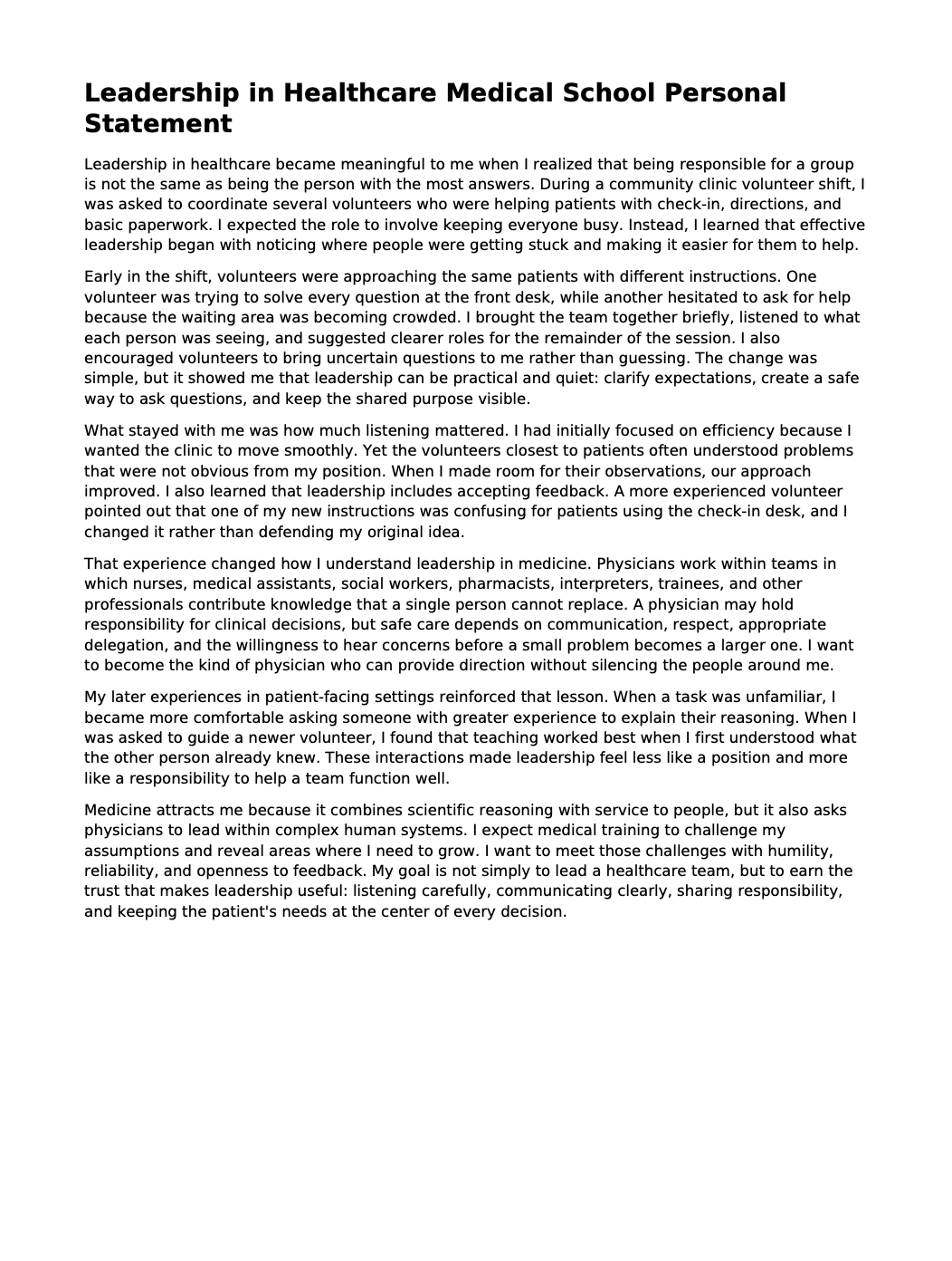Leadership in Healthcare Medical School Personal Statement - Free AI Medical School Personal Statement Generator, 50+ Real Medical School Personal Statement Examples