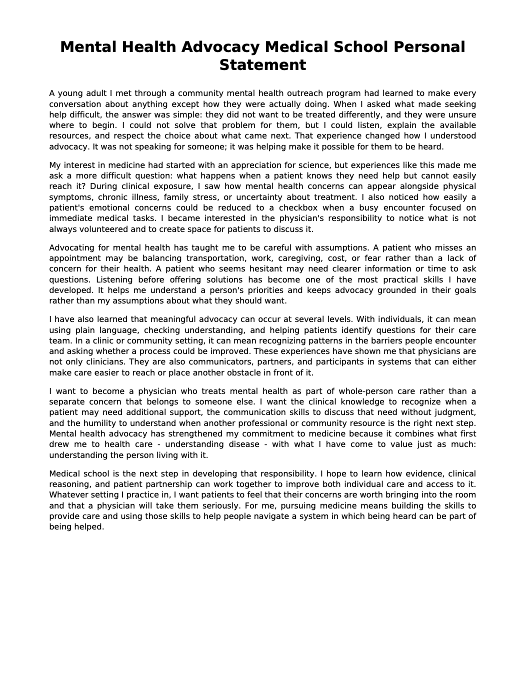 Mental Health Advocacy Medical School Personal Statement - Free AI Medical School Personal Statement Generator, 50+ Real Medical School Personal Statement Examples