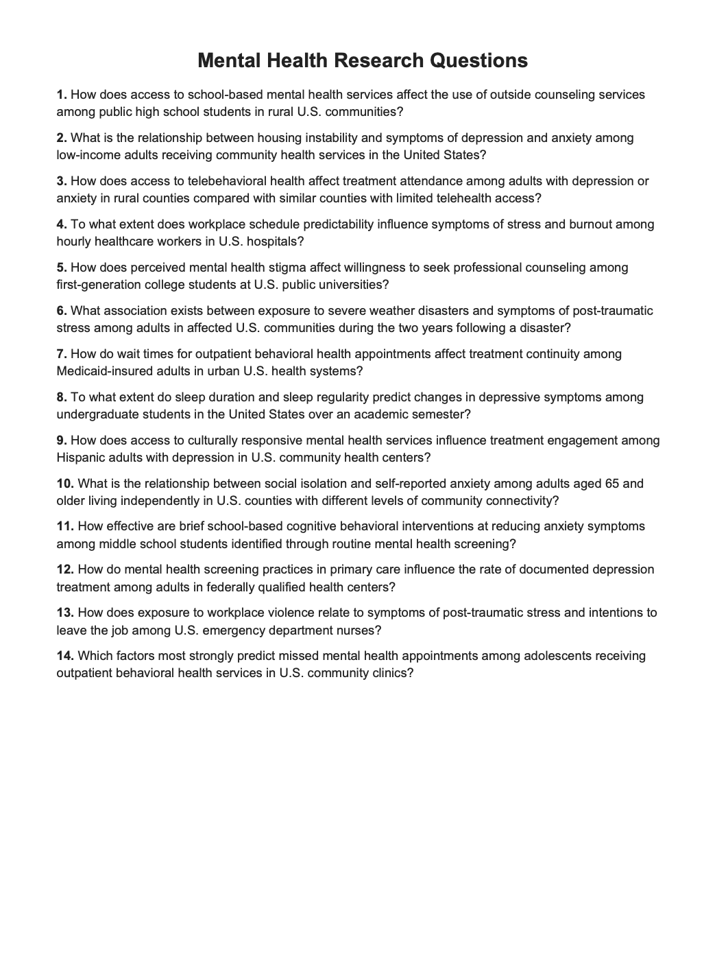 Mental Health Research Questions - Free AI Research Questions Generator, 50+ Real Research Question Examples
