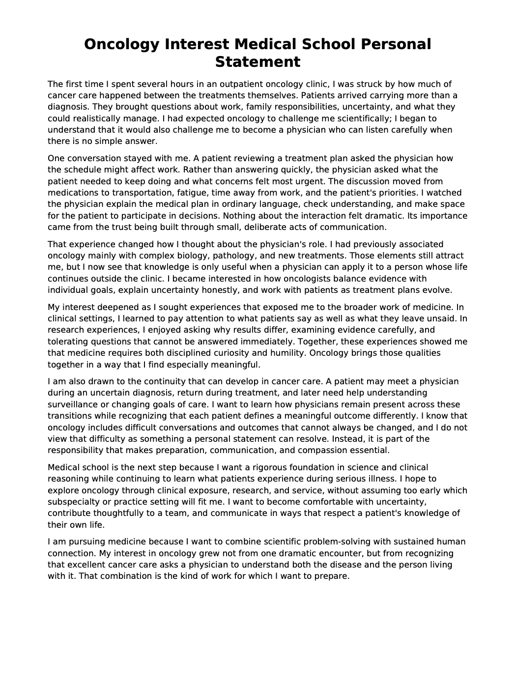Oncology Interest Medical School Personal Statement - Free AI Medical School Personal Statement Generator, 50+ Real Medical School Personal Statement Examples