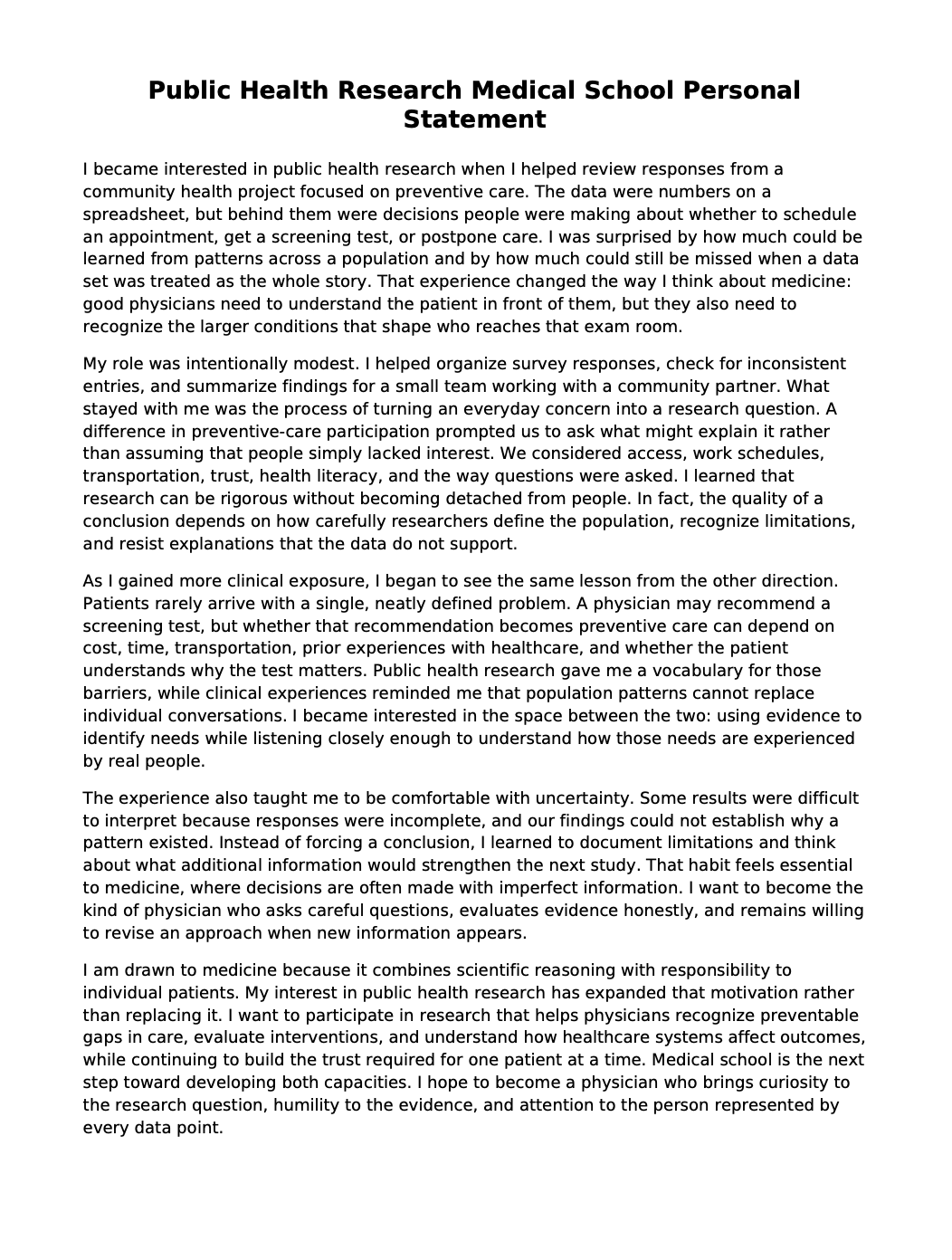 Public Health Research Medical School Personal Statement - Free AI Medical School Personal Statement Generator, 50+ Real Medical School Personal Statement Examples